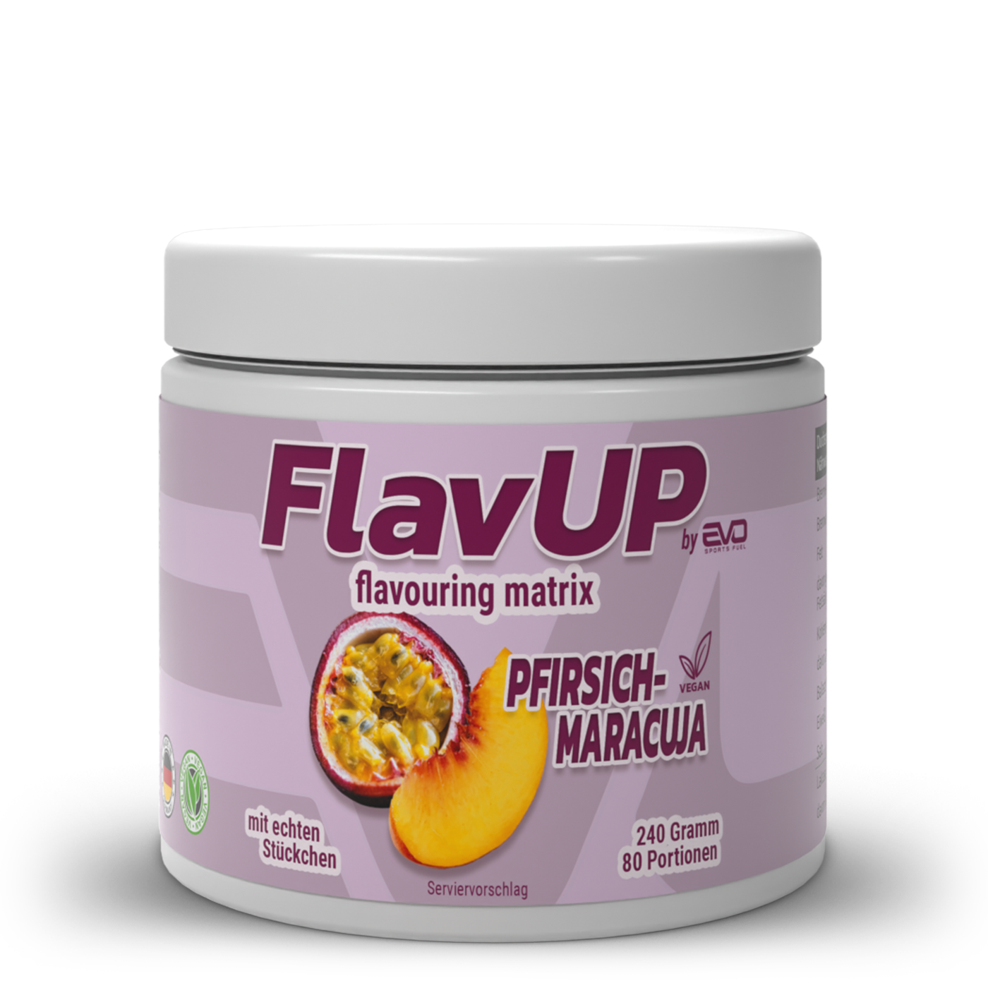 EVO SPORTS FUEL kalorienarmes Geschmackspulver FlavUP Pfirsich-Maracuja – fruchtiges Flavour Powder mit echten Stückchen