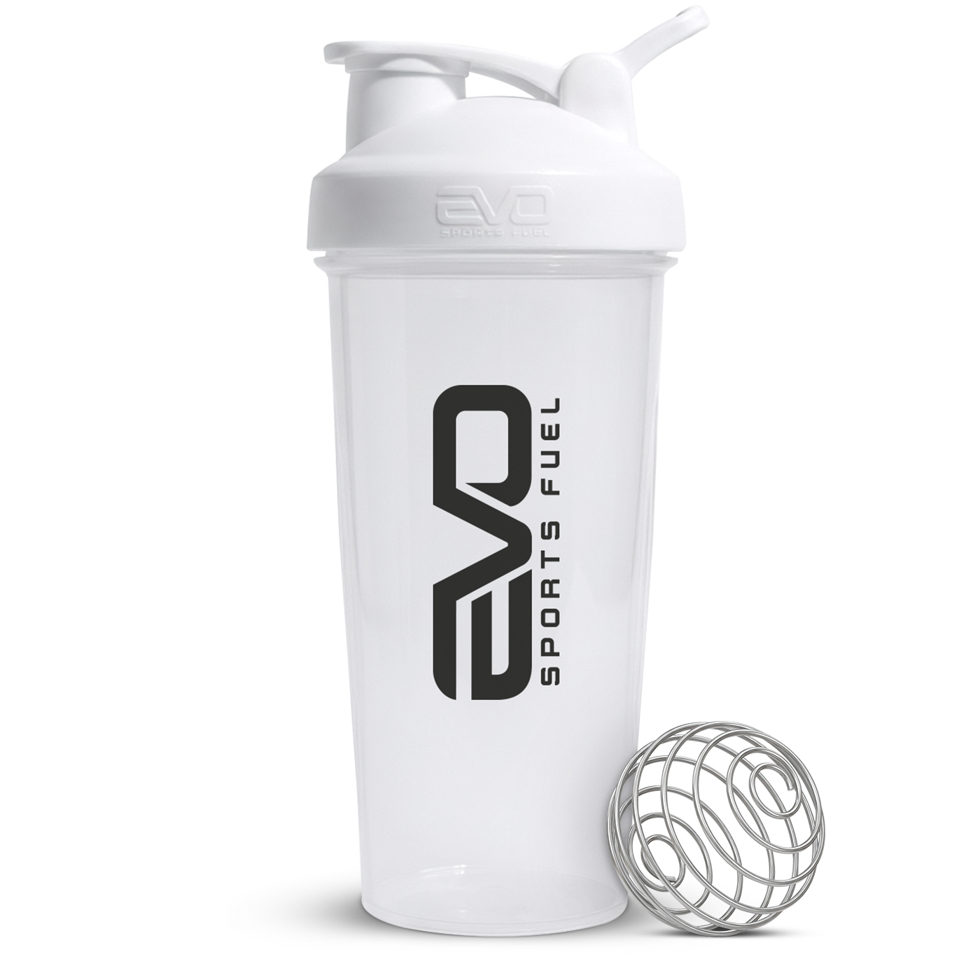 Transparenter EVO Flip Lid Shaker mit Flip-Deckel und Edelstahl-Mixball für klumpenfreie Proteinshakes
