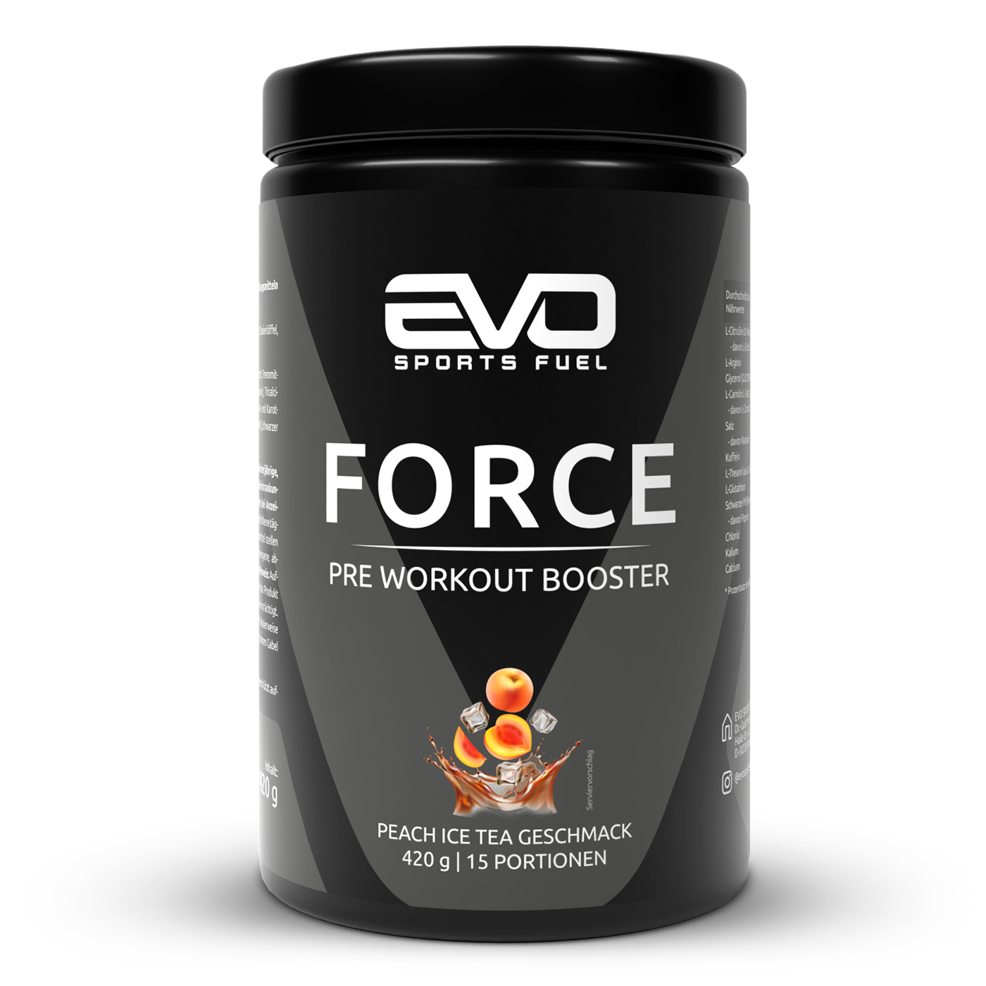 EVO SPORTS FUEL Pre Workout mit Koffein – CRAFT PRO Pump Formula Peach Ice Tea Geschmack in schwarzer Dose
