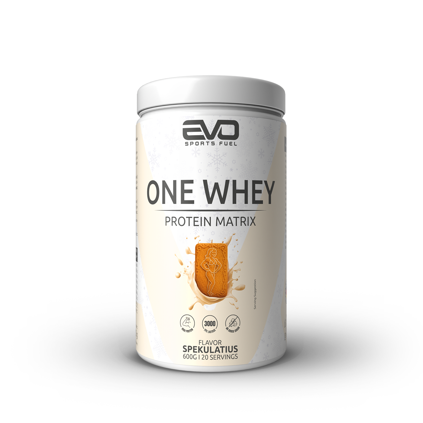 EVO SPORTS FUEL One Whey Protein Matrix in der Limited Edition Spekulatius. Auf der Dose ist ein Spekulatius-Keks im Milch-Splash vor winterlichem Schneeflocken-Design abgebildet.