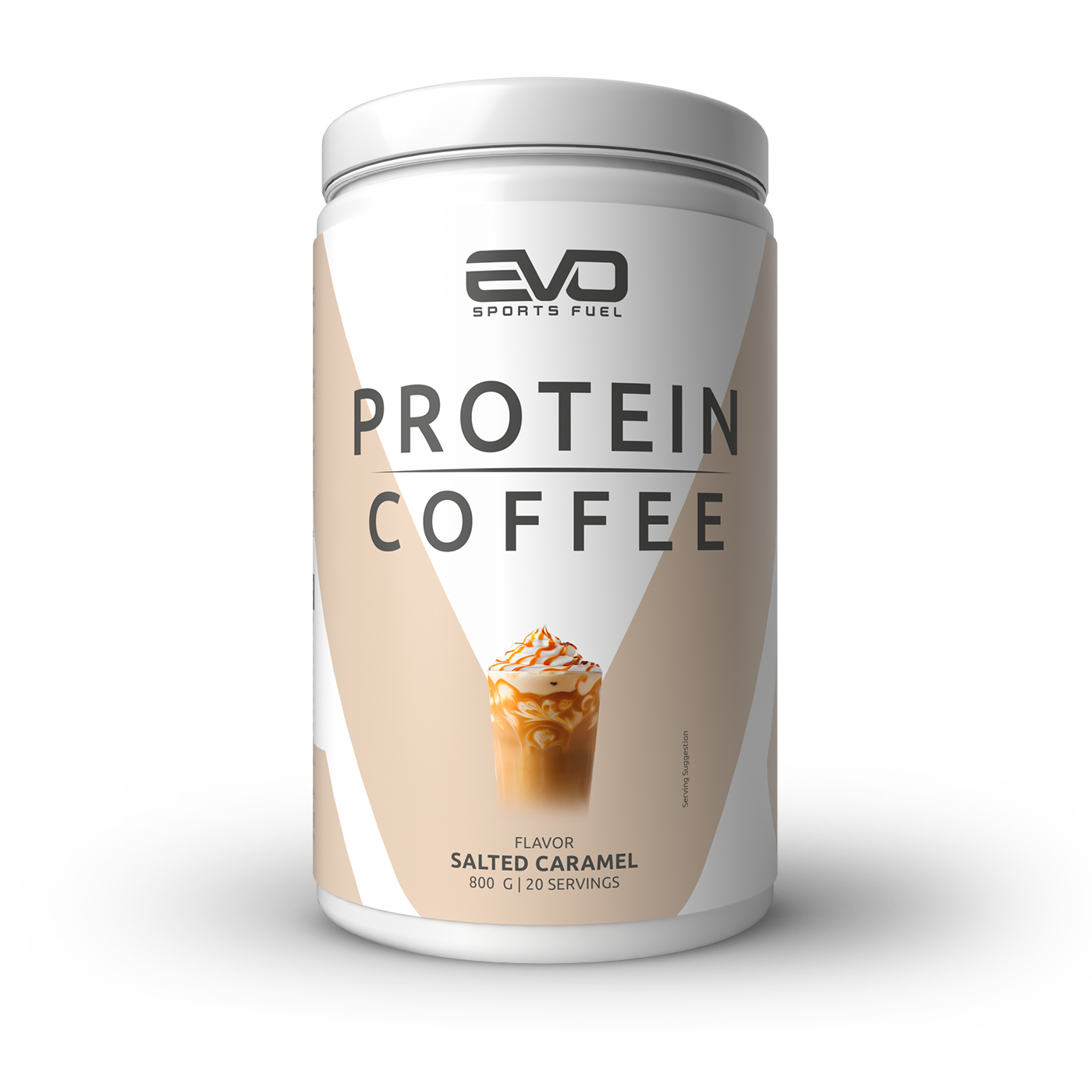Dose EVO SPORTS FUEL Protein Coffee in der Geschmacksrichtung Salted Caramel. Weiß-beiges Design mit Abbildung eines karamellverzierten Eiskaffees. Inhalt: 800 g, 20 Portionen.
