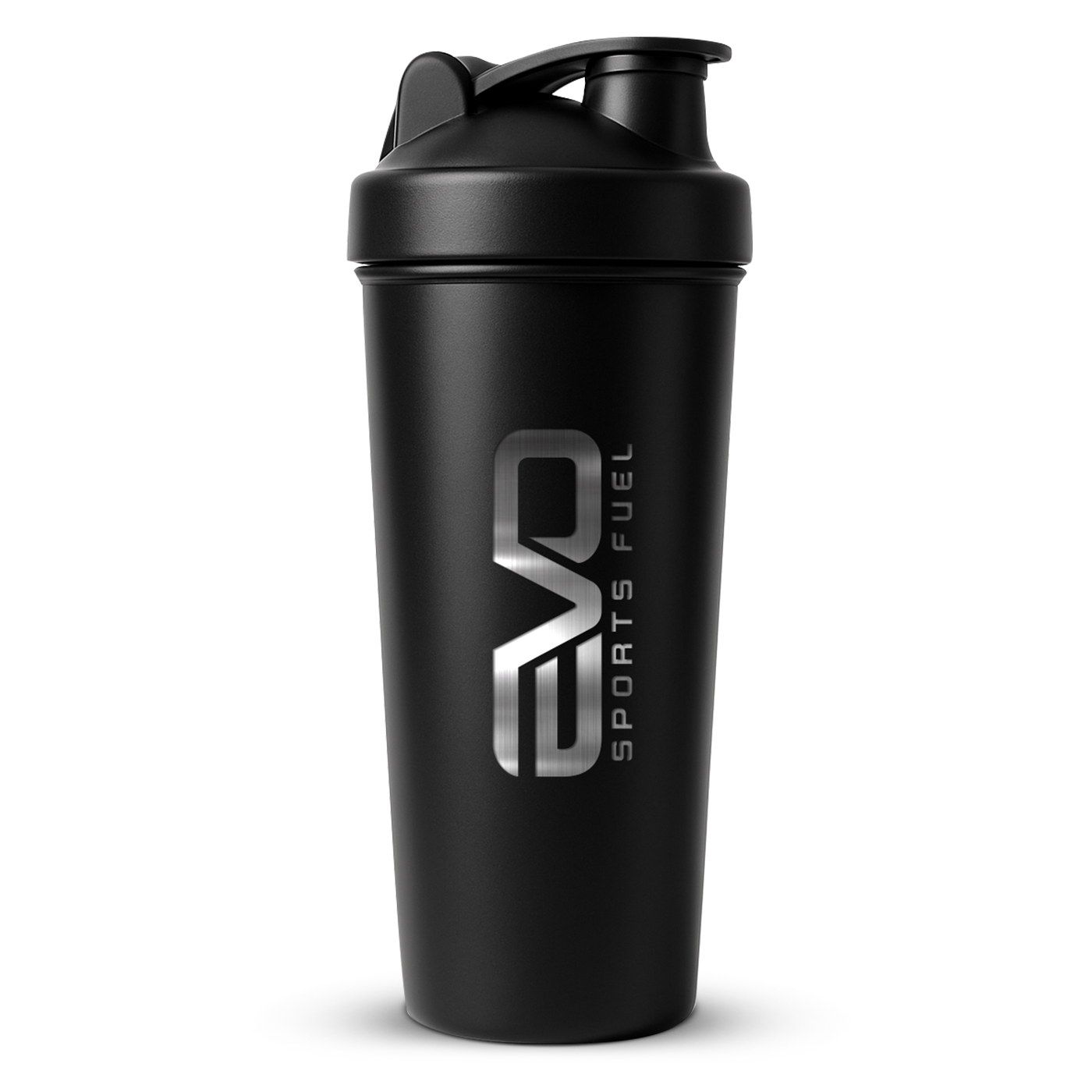 Schwarzer EVO Steel Shaker aus Edelstahl mit 700 ml Fassungsvermögen und EVO SPORTS FUEL