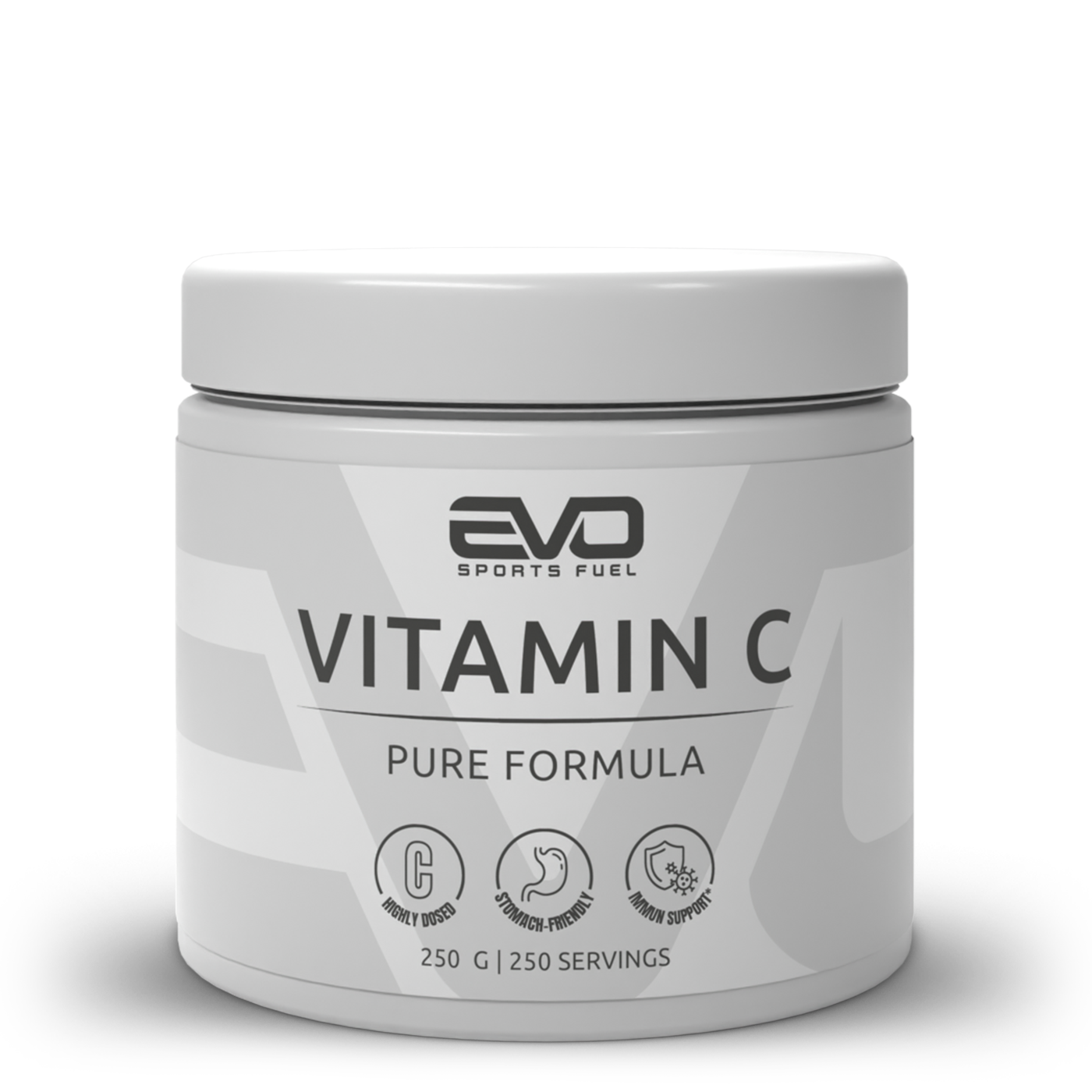 EVO SPORTS FUEL Vitamin C Pulver gepuffert in weißer Dose, schlichtes Verpackungsdesign, 250 g