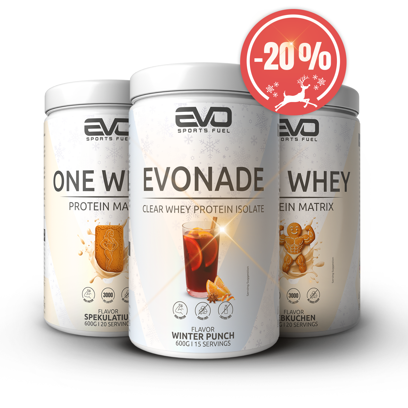 Jetzt sichern: EVONADE Winter Punch, One Whey Spekulatius und One Whey Lebkuchen als X-Mas Bundle mit -20% Rabatt