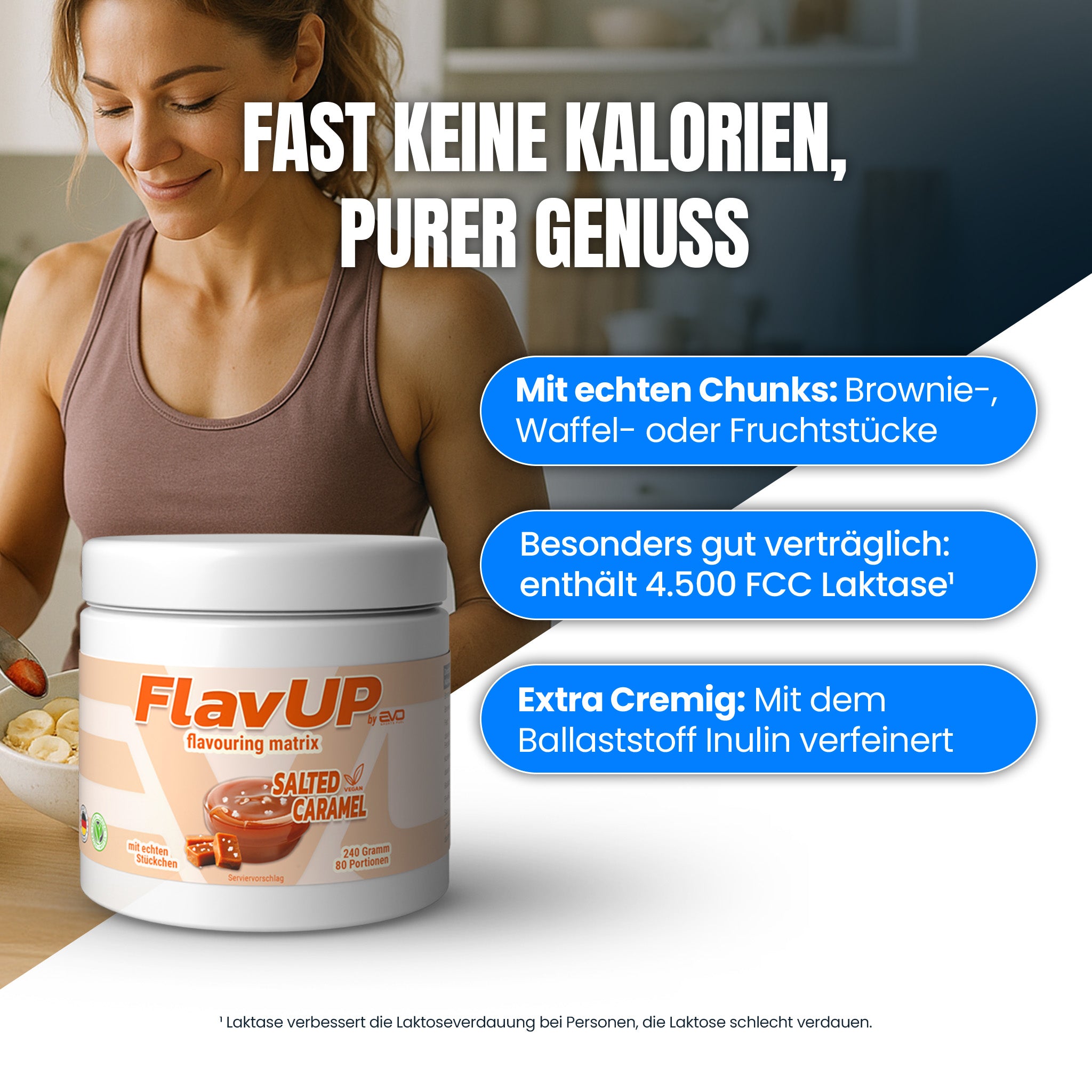 Frau genießt FlavUP Geschmackspulver mit echten Stückchen, Ballaststoff Inulin und Laktase für extra cremigen und besonders verträglichen Genuss.
