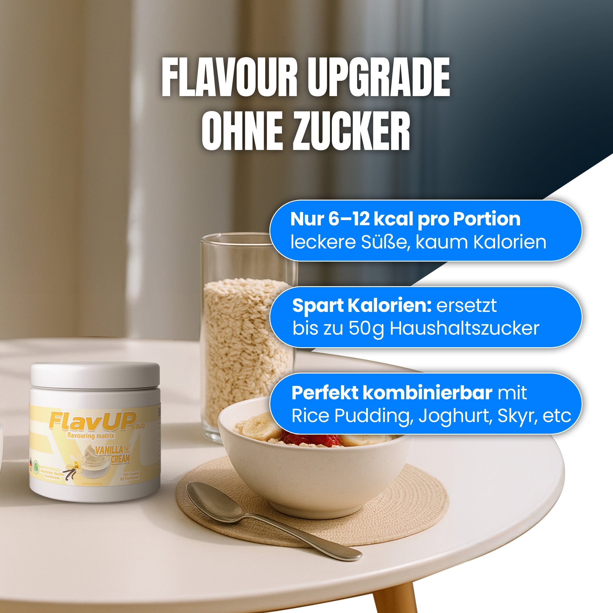 FlavUP Geschmackspulver ohne Zucker, nur 6–12 kcal pro Portion, ideal zum Kaloriensparen und als Zuckerersatz für Rice Pudding, Skyr oder Joghurt.