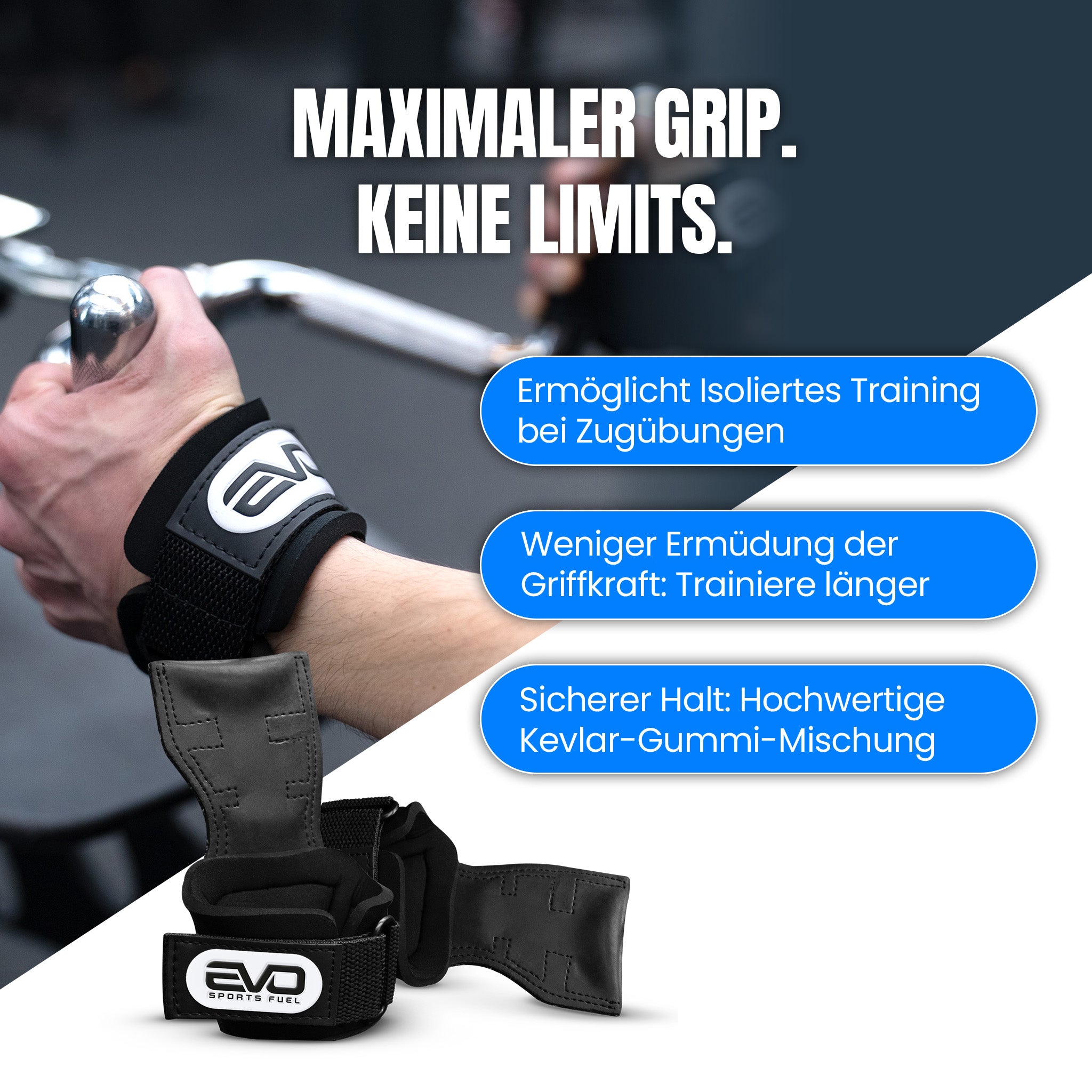 Gummierte Zughilfe von EVO am Handgelenk beim Rudern am Kabelzug – maximale Kontrolle bei Pull-Übungen.