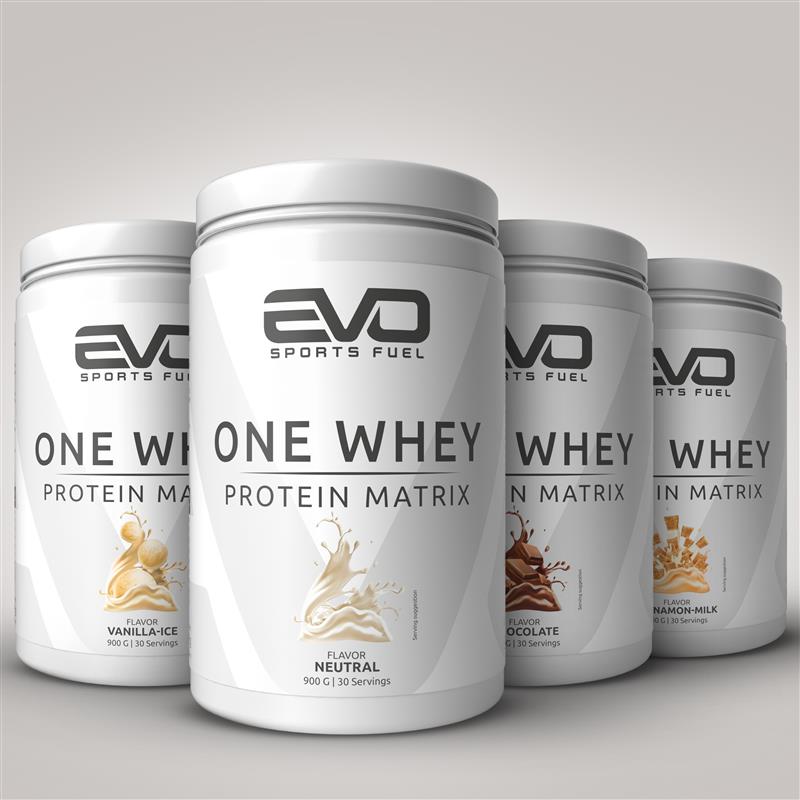 EVO ONE Whey kommt in vier Geschmacksrichtungen: Vanilla-Ice, Chocolate, Cinnamon-Milk und Neutral