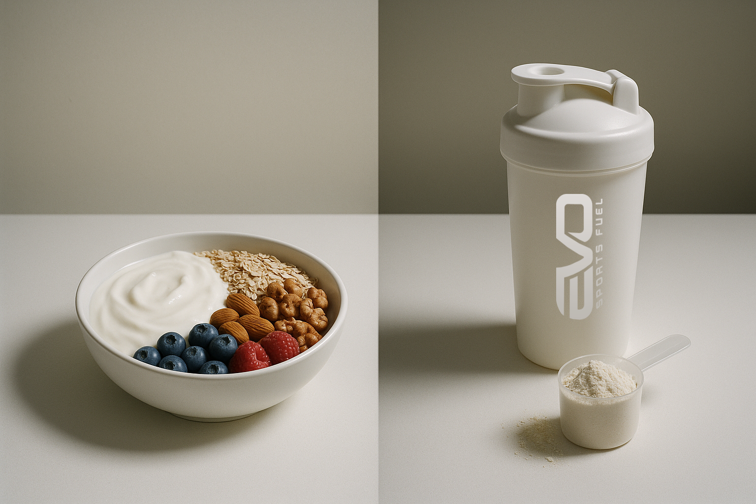 Eine Protein-Bowl mit Joghurt, Beeren, Nüssen und Haferflocken neben einem weißen EVO SPORTS FUEL Shaker und einem Messlöffel Proteinpulver.