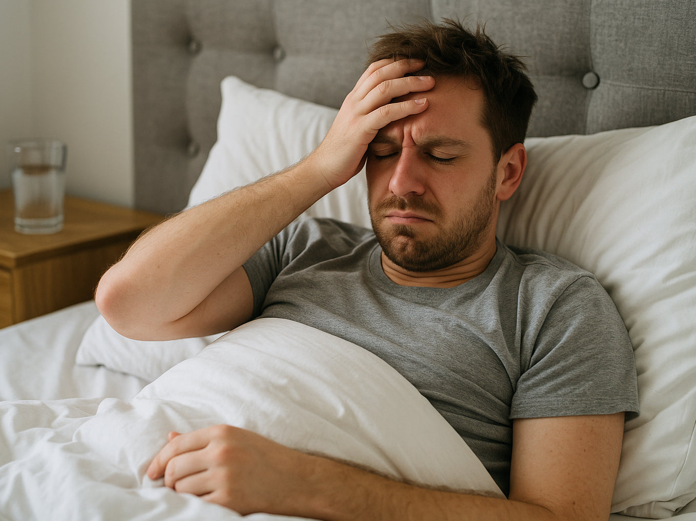 Ein Mann der im Bett liegt und dessen Haltung andeutet, dass er Kopfschmerzen hat. 
