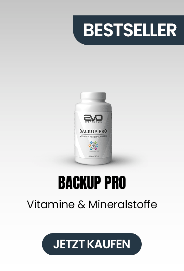 EVO SPORTS FUEL Bestseller Backup Pro – Vitamin- und Mineralstoff-Kapseln, Produktabbildung mit Kauf-Button.