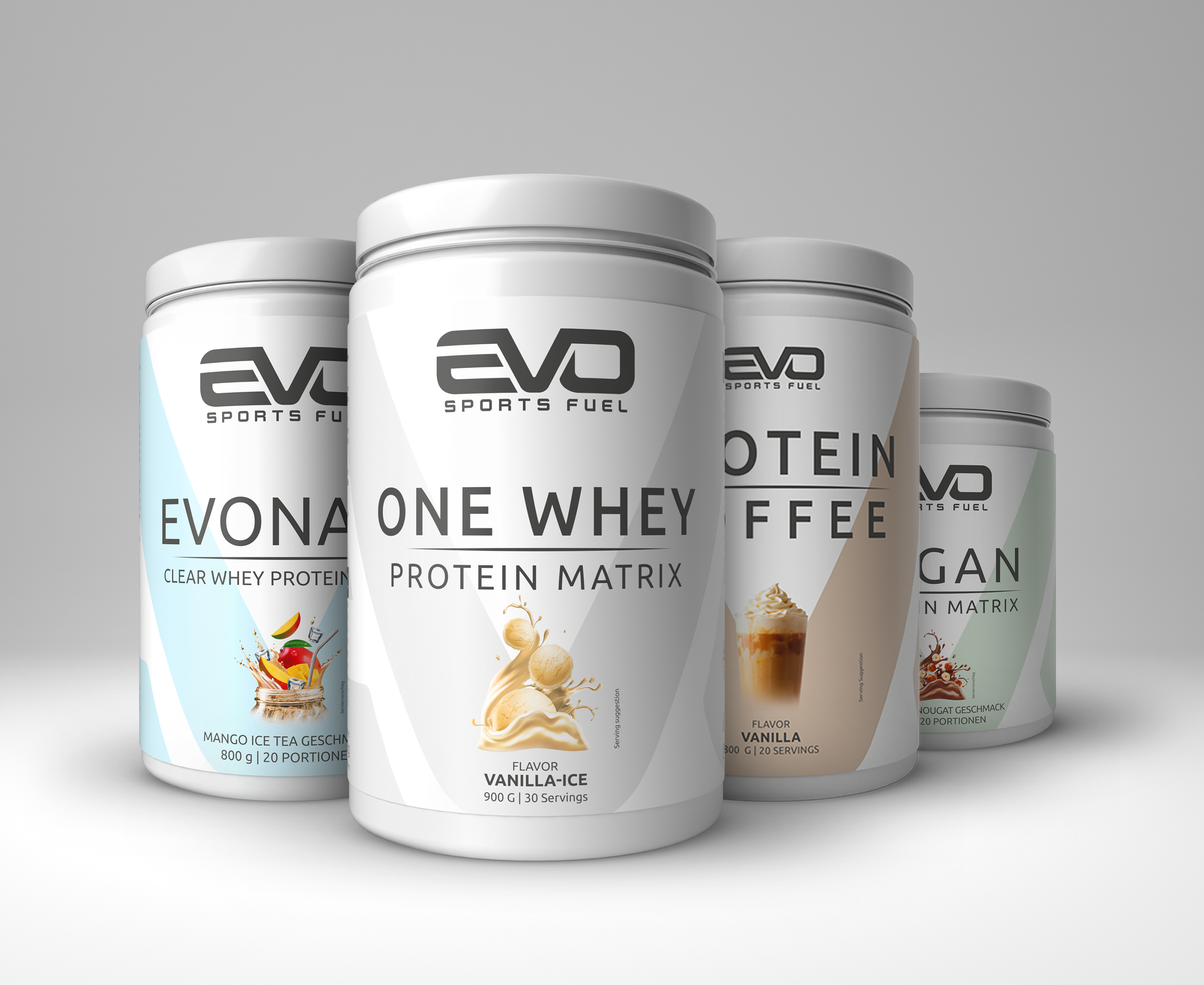 EVO SPORTS FUEL bietet eine Reihe an Sorten unterschiedlicher Proteinpulver an: EVONADE Clear Whey, One Whey, Protein Coffee, Veganes Proteinpulver und im Bild nicht zu sehen Whey Pro 