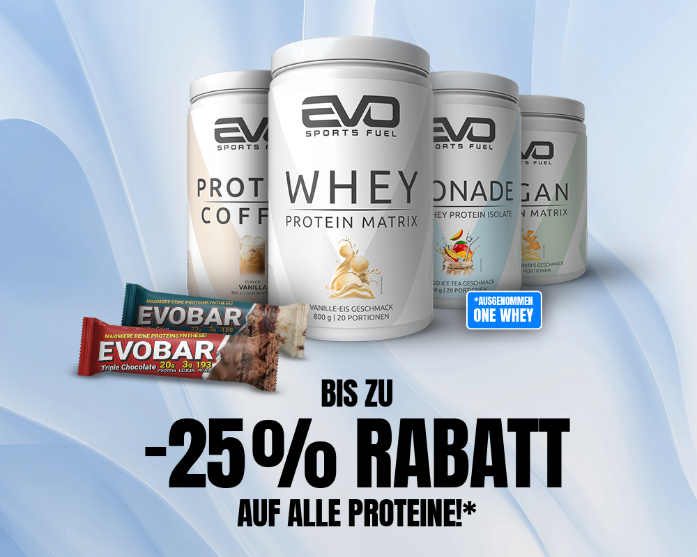 EVO SPORTS FUEL Rabattaktion für Proteine – bis zu 25 Prozent auf Whey Pro, Vegan Protein, EVONADE Clear Whey und EVOBAR, One Whey ausgeschlossen.