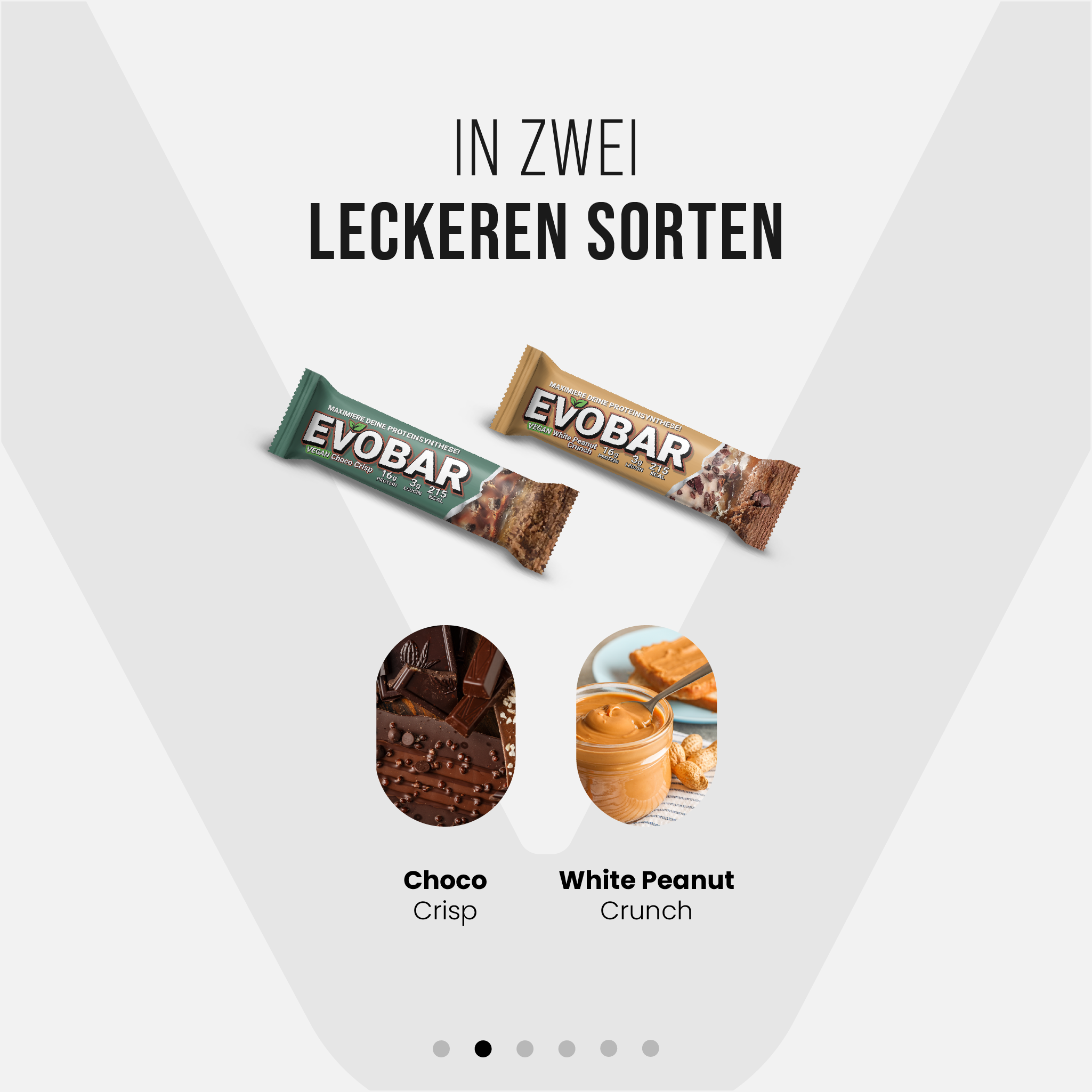 EVOBAR Vegan Proteinriegel verfügbar in zwei leckerren Sorten: Choco Crisp & White Peanut Crunch