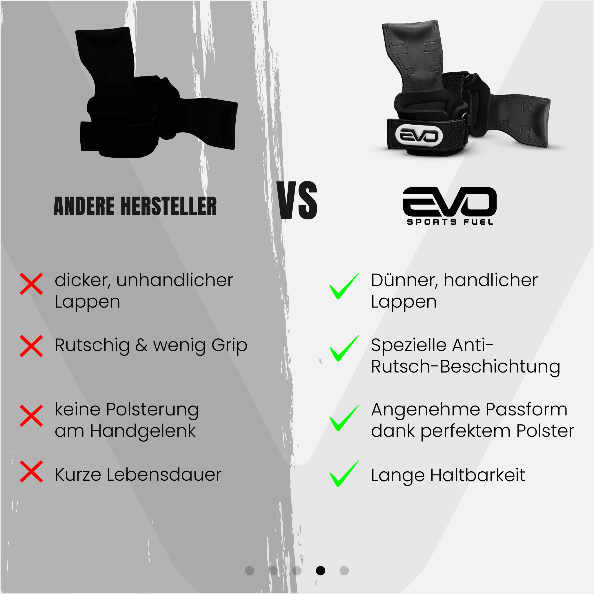 EVO Grips überzeugen gegenüber herkömmlichen Zughilfen durch hochwertige Materialien und lange Haltbarkeit. 