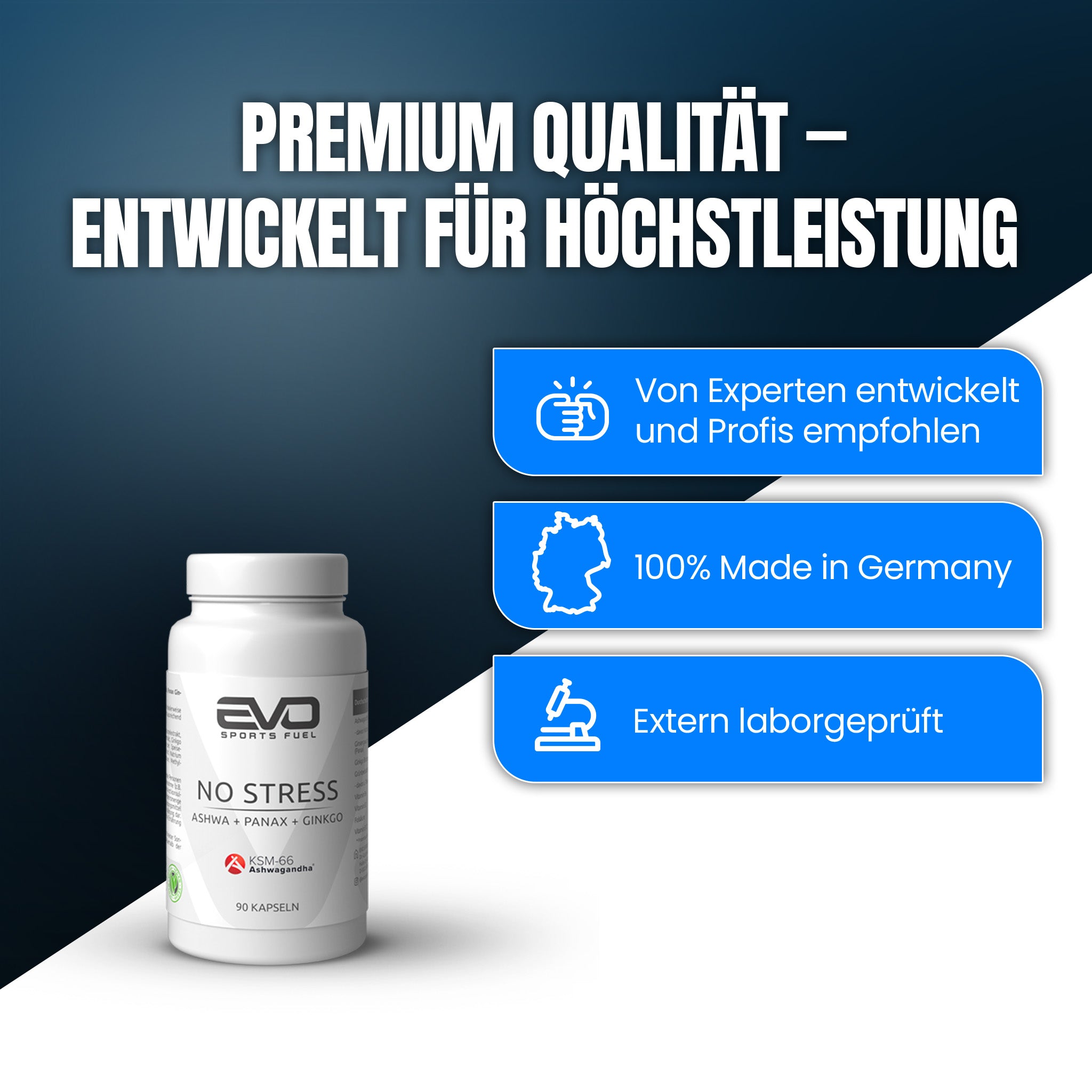 EVO SPORTS FUEL Produkte wie Ashwagandha-Komplex werden von Experten entwickelt, sind 00 % made in Germany und extern Laborgeprüft