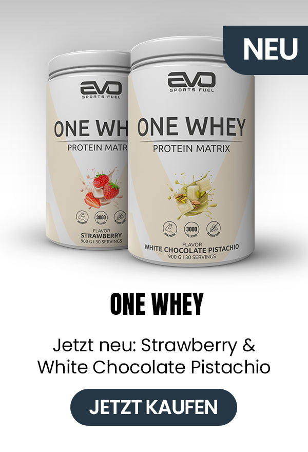 EVO SPORTS FUEL One Whey Proteinpulver in den Sorten Strawberry und White Chocolate Pistachio – jetzt auch in der 900 g Packungsgröße erhältlich.