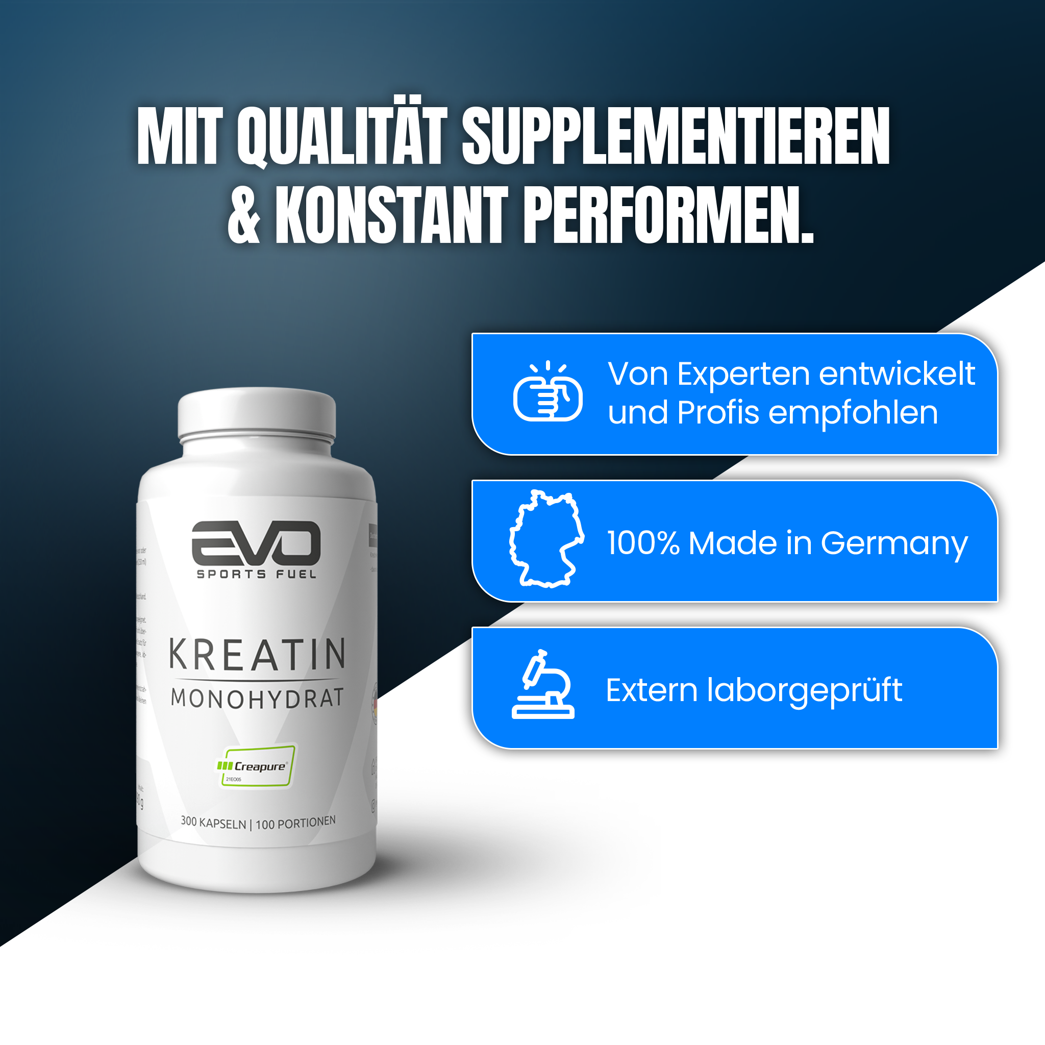 Dose EVO Kreatin Monohydrat Kapseln mit drei Textfeldern: „Von Experten entwickelt und Profis empfohlen“, „100 % Made in Germany“, „Extern laborgeprüft“