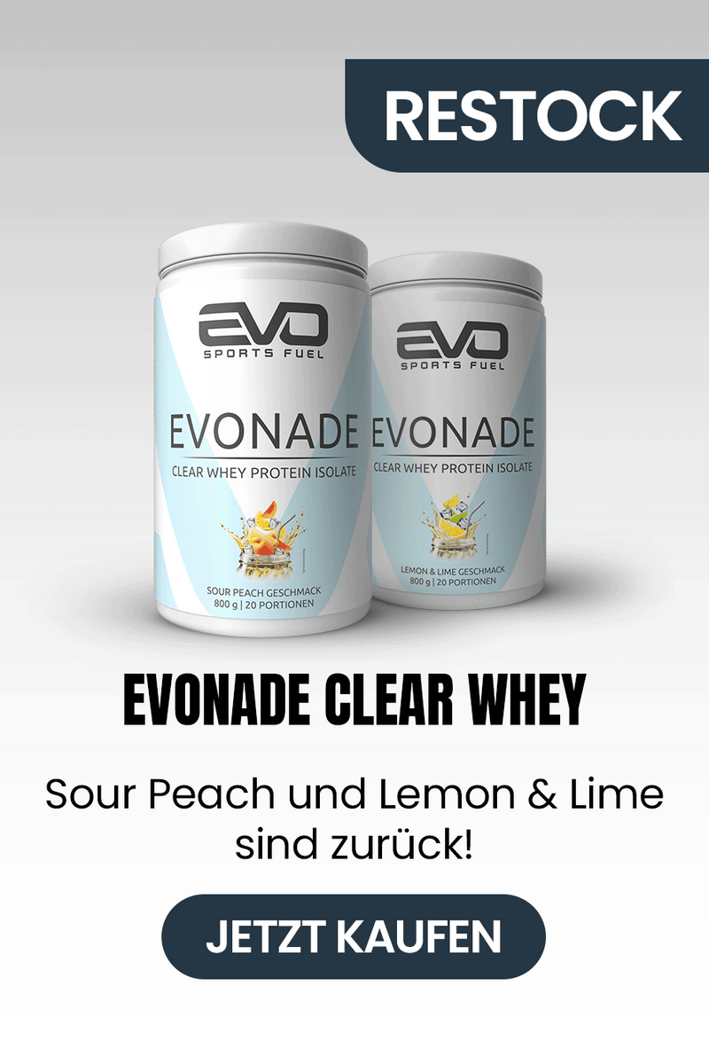 EVO SPORTS FUEL EVONADE Clear Whey Protein Isolate im Restock – Geschmacksrichtungen Sour Peach und Lemon & Lime jetzt wieder verfügbar.