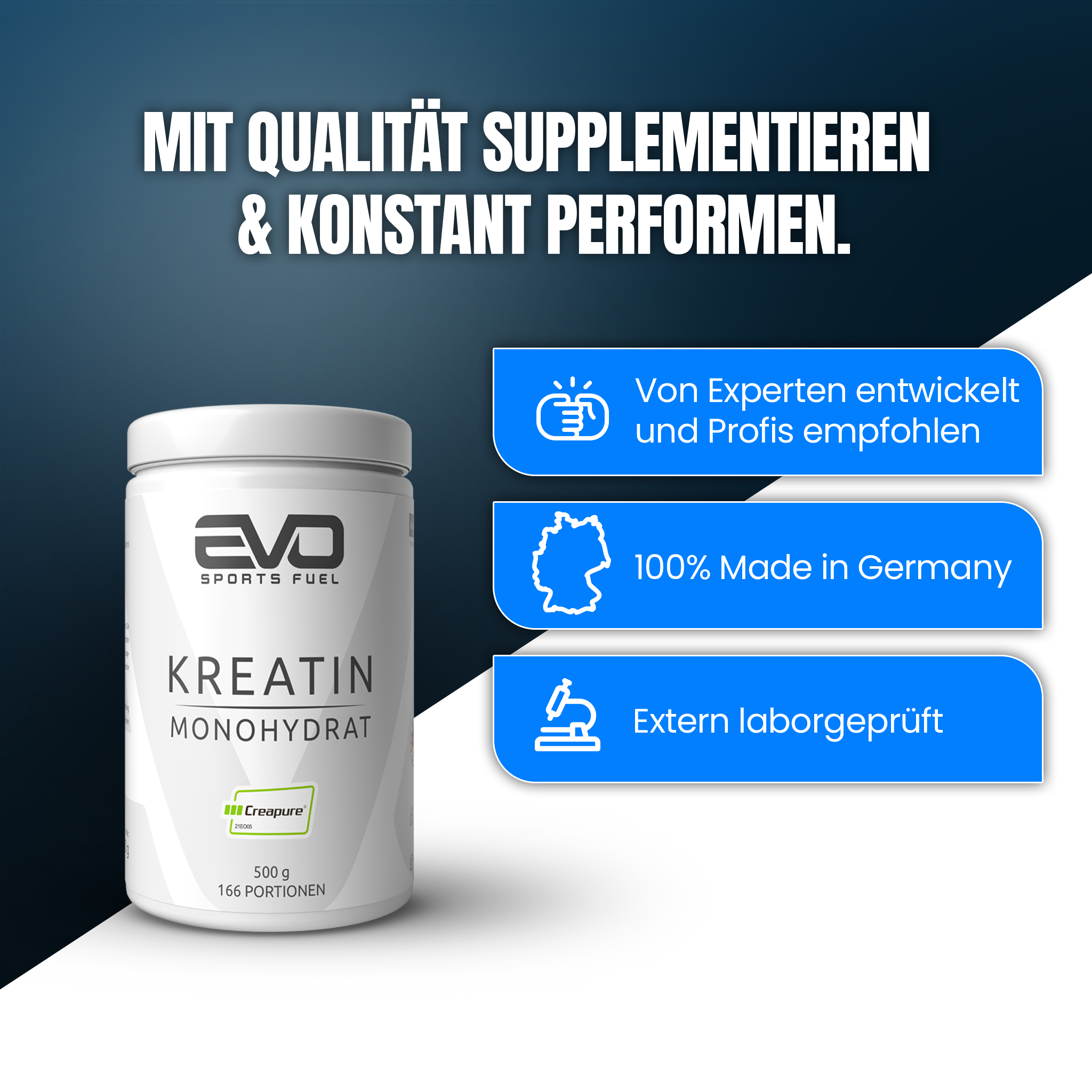 Dose EVO Kreatin Monohydrat vor dunklem Hintergrund mit drei Textfeldern: „Von Experten entwickelt und Profis empfohlen“, „100 % Made in Germany“, „Extern laborgeprüft“