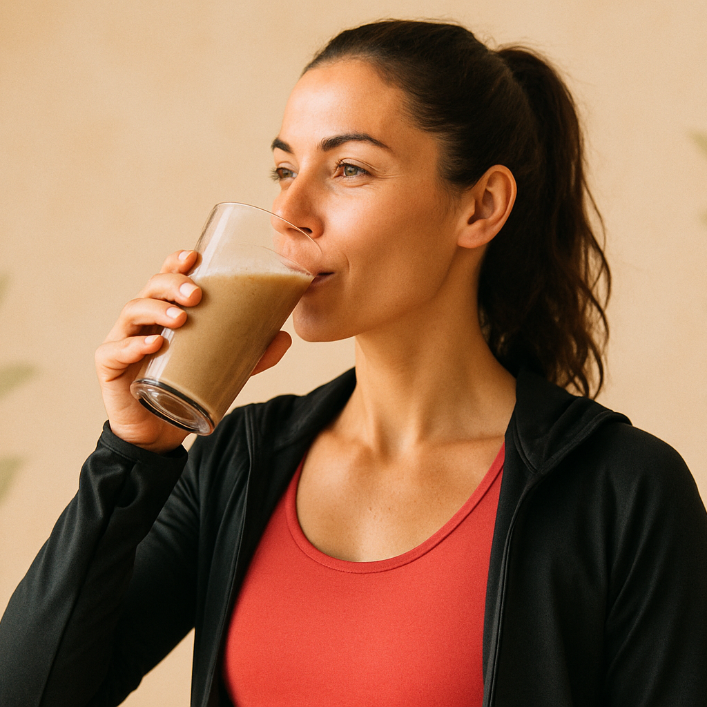 Frau im Sportoutfit genießt einen pflanzlichen Proteinshake – ideal zur Unterstützung von Muskelaufbau und Regeneration mit EVO Vegan Proteinpulver.