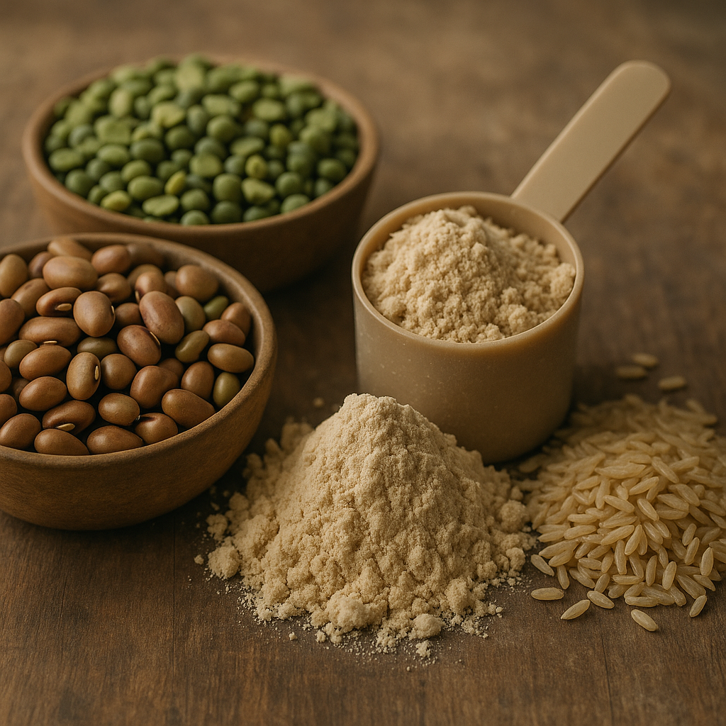 Hochwertige vegane Proteinpulver-Basis aus Reisprotein, Ackerbohnen und Erbsen – dargestellt als Pulver, Körner und Hülsenfrüchte auf Holzuntergrund.