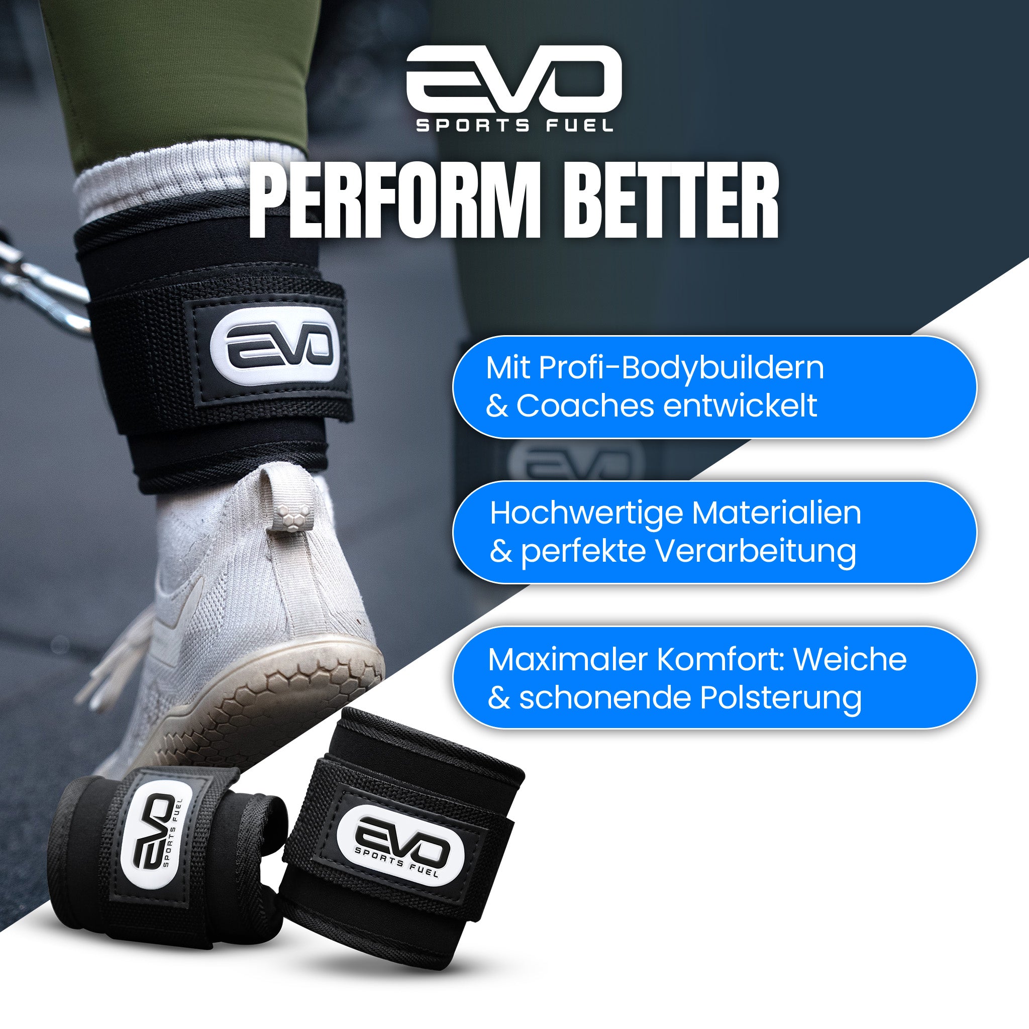 EVO Ankle Cuff beim Training – mit stabilem D-Ring und Polsterung für mehr Komfort.