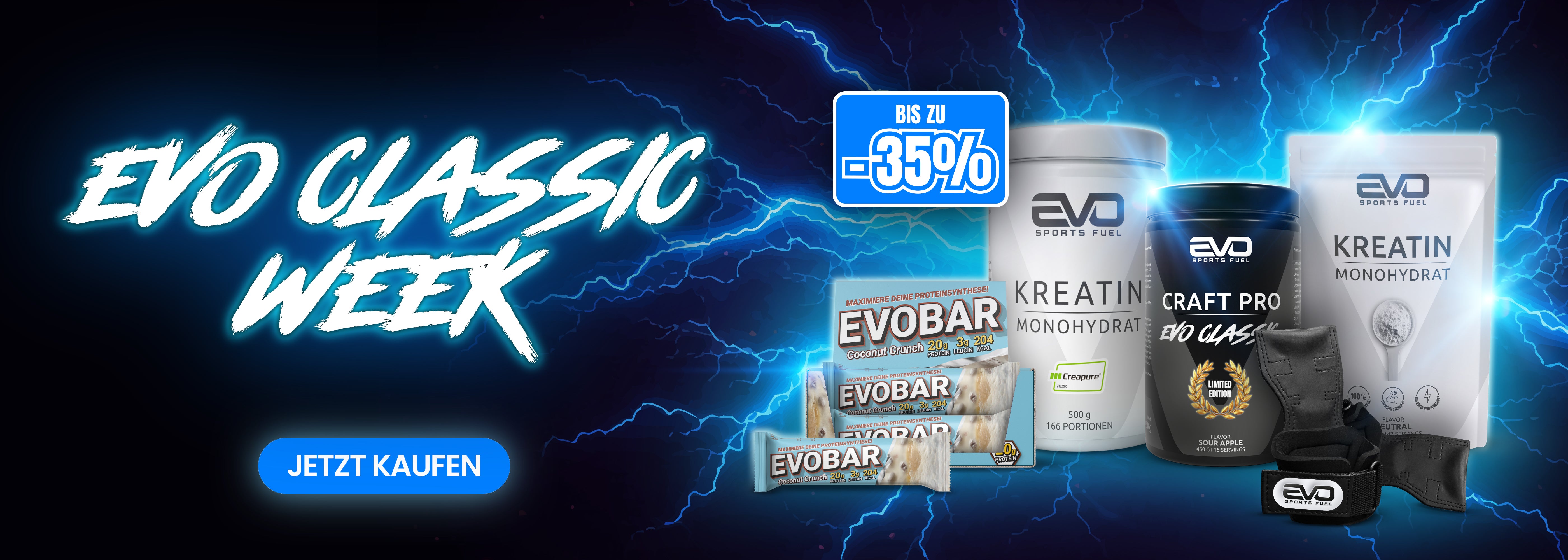 EVO SPORTS FUEL Classic Week Banner mit bis zu 35 % Rabatt auf Supplements wie Kreatin, Craft Pro und Evobar. Aktionsgrafik mit Blitzdesign, Produktabbildungen und Button „Jetzt kaufen“.