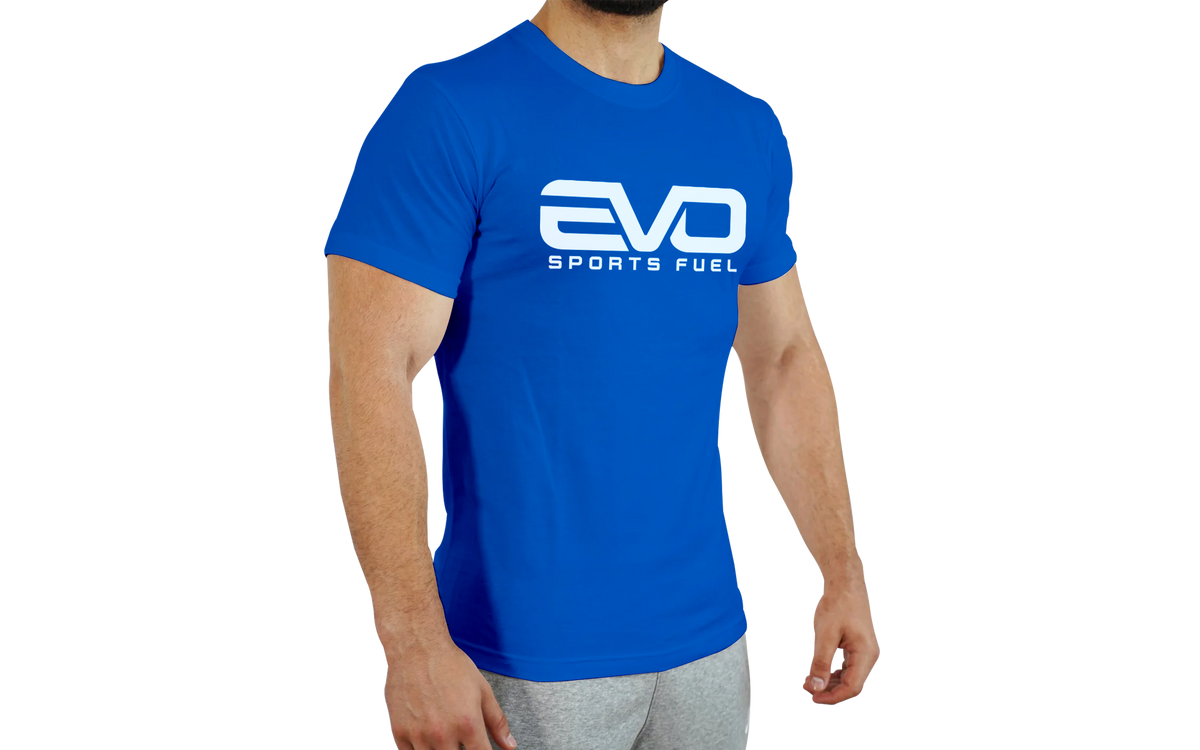 Klassisches T-Shirt blau mit "EVO SPORTS FUEL"-Aufschrift in weiß
