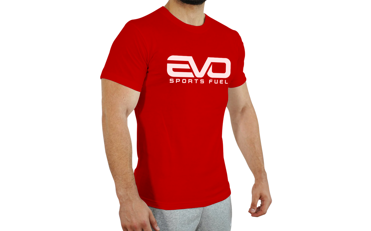 Klassisches T-Shirt rot mit "EVO SPORTS FUEL"-Aufschrift in weiß