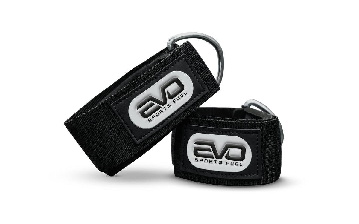 Produktabbildung der EVO SPORTS FUEL Hand Cuffs. Schwarze Textilschlaufen mit D-Ring und stylischen EVO SPORTS FUEL Logo 
