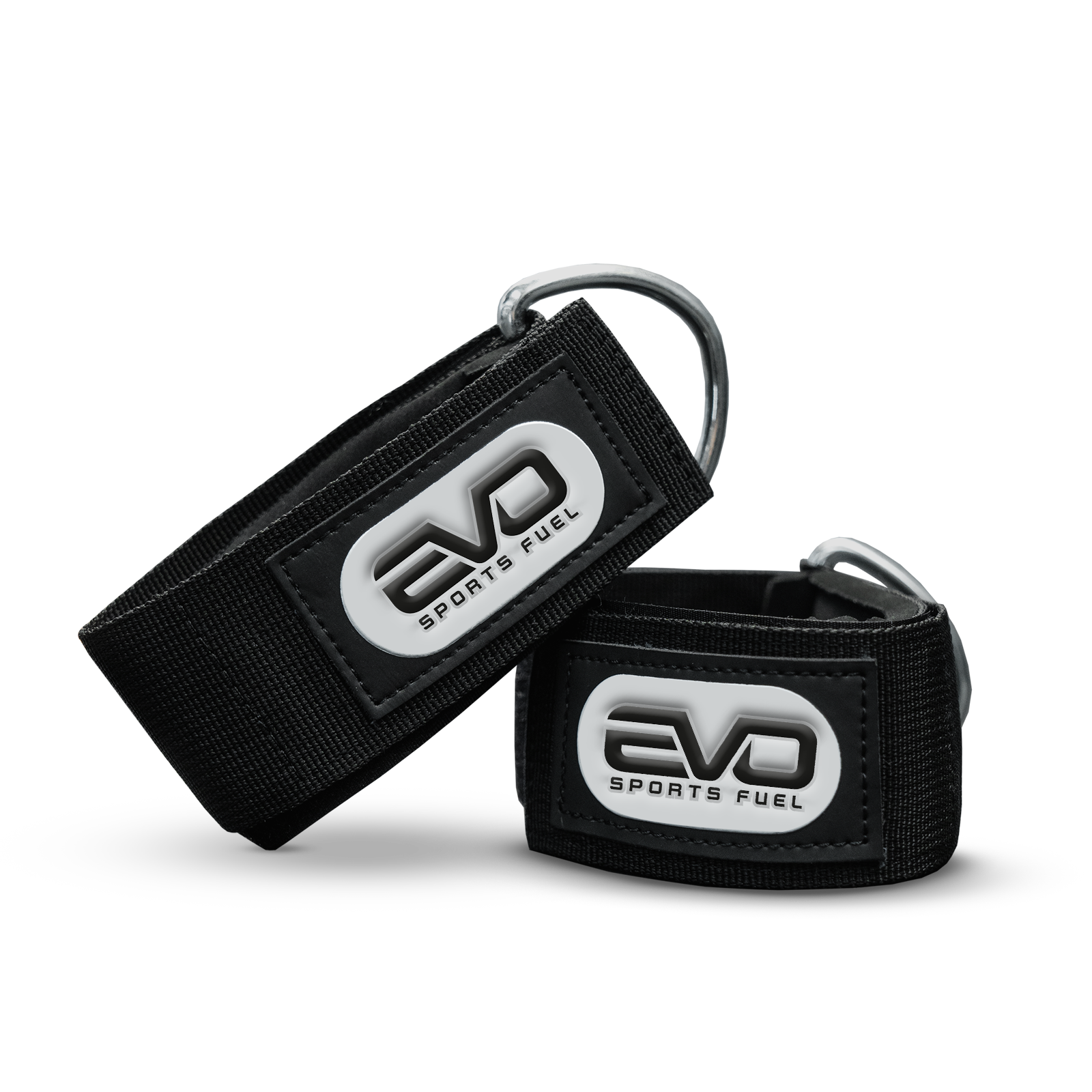Produktabbildung der EVO SPORTS FUEL Hand Cuffs. Schwarze Textilschlaufen mit D-Ring und stylischen EVO SPORTS FUEL Logo 