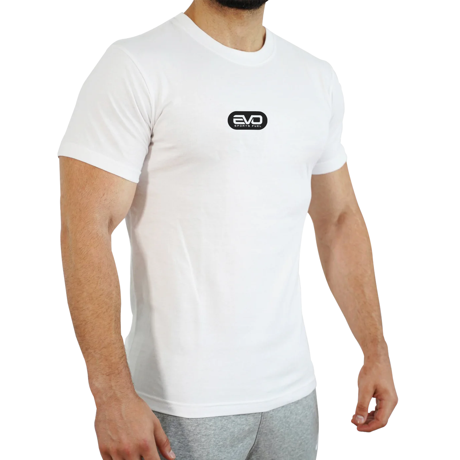 Eng anliegendes T-Shirt in weiß mit EVO SPORTS FUEL-Logo mit schwarzem Aufdruck