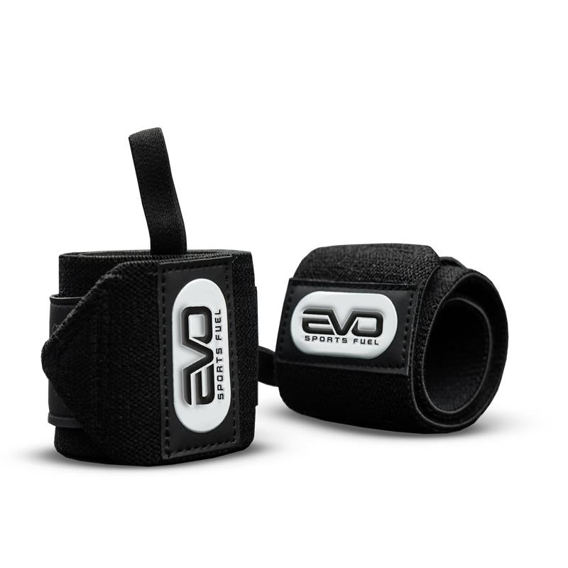 Produktbild: Schwarze EVO SPORTS FUEL Wrist Wraps mit stylischem EVO SPORTS FUEL Logo
