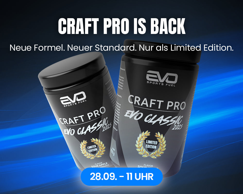 EVO SPORTS FUEL Craft Pro Limited Edition Sour Apple – Launch-Banner mit zwei schwarzen Dosen, Schriftzug ‚Craft Pro is Back‘, Hinweis auf neue Formel und Release-Datum 28.09. um 11 Uhr, auf blauem Hintergrund