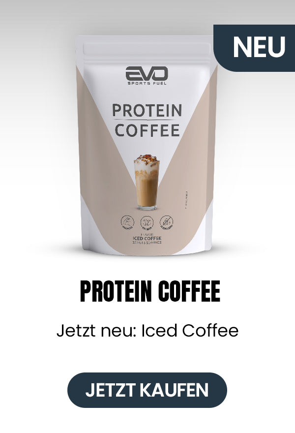EVO SPORTS FUEL Protein Coffee in der neuen Sorte Iced Coffee im 320-g-Beutel mit NEU-Markierung und Produktabbildung.