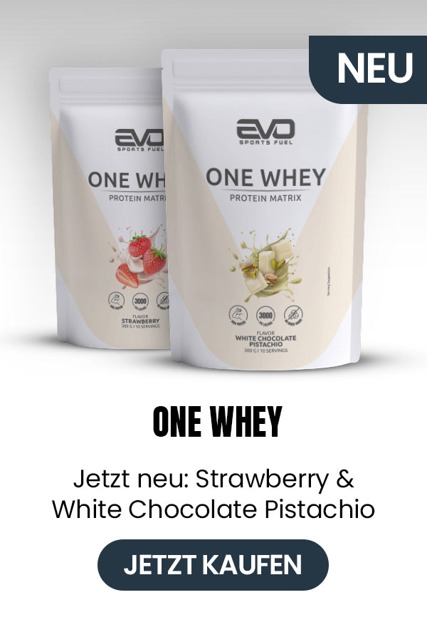 EVO SPORTS FUEL ONE WHEY Protein Matrix – Produktgrafik mit neuen Sorten Strawberry und White Chocolate Pistachio. Verpackungen im Vordergrund, Label NEU, Call-to-Action: Jetzt kaufen.