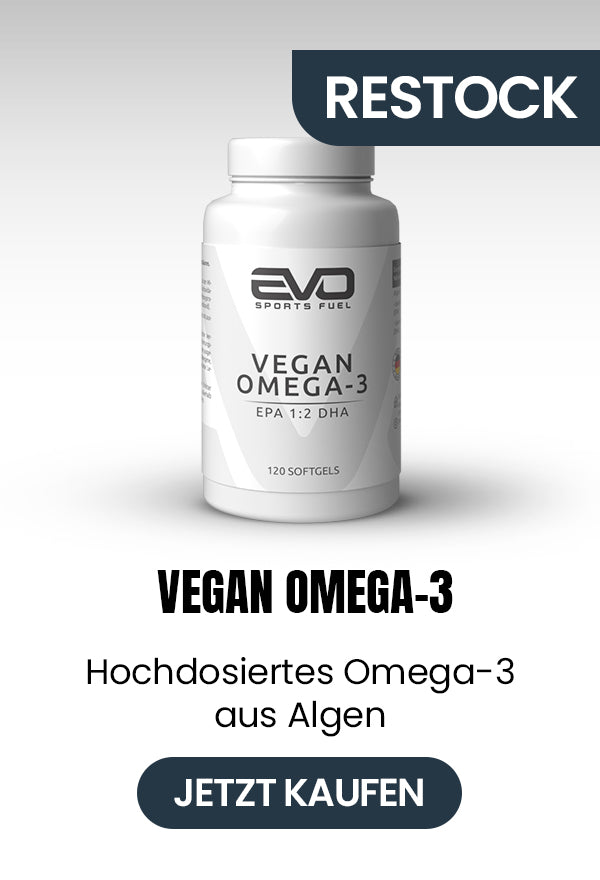 EVO SPORTS FUEL Vegan Omega-3 – Produktgrafik mit weißer Dose und Hinweis RESTOCK. Hochdosiertes Omega-3 aus Algen mit EPA- und DHA-Fettsäuren. Jetzt kaufen.