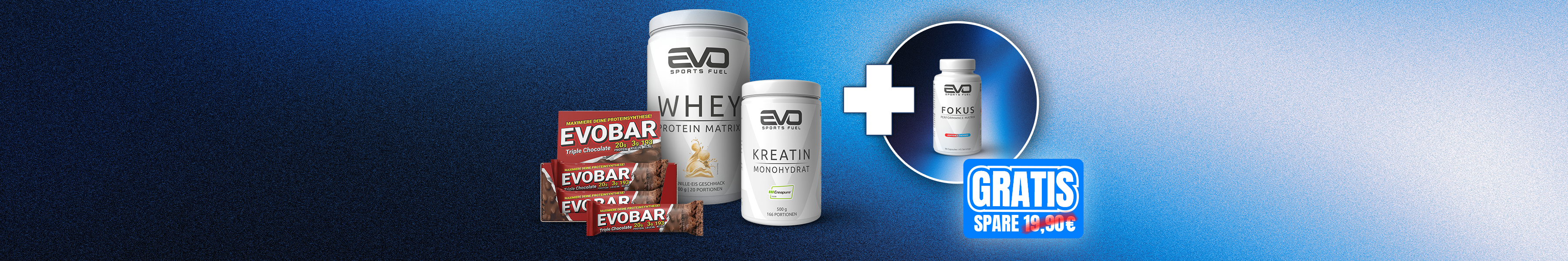 EVO SPORTS FUEL Bundle mit Whey Pro, Kreatin Monohydrat und mehreren EVOBAR Triple Chocolate – inklusive gratis FOKUS Performance Matrix Kapseln im Wert von 19,90 €.
