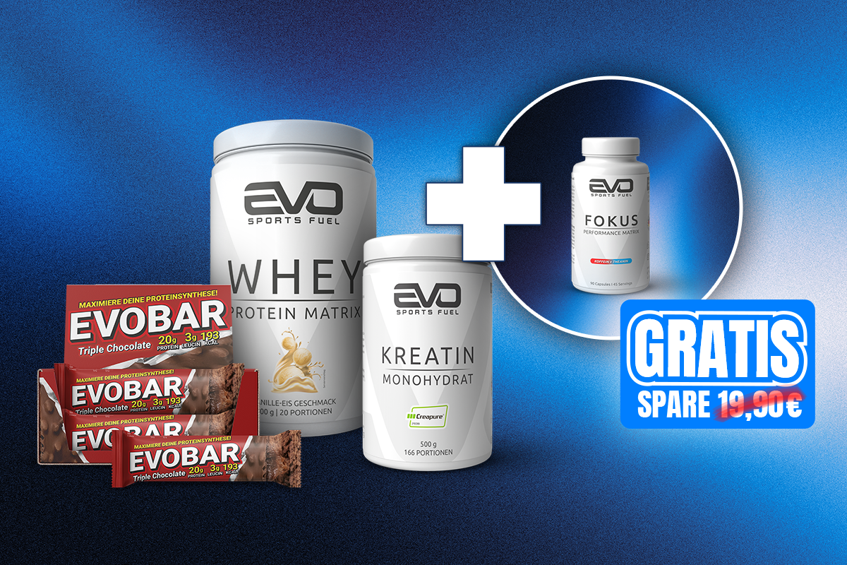 EVO SPORTS FUEL Bundle mit Whey Pro, Kreatin Monohydrat und mehreren EVOBAR Triple Chocolate – inklusive gratis FOKUS Performance Matrix Kapseln im Wert von 19,90 €.