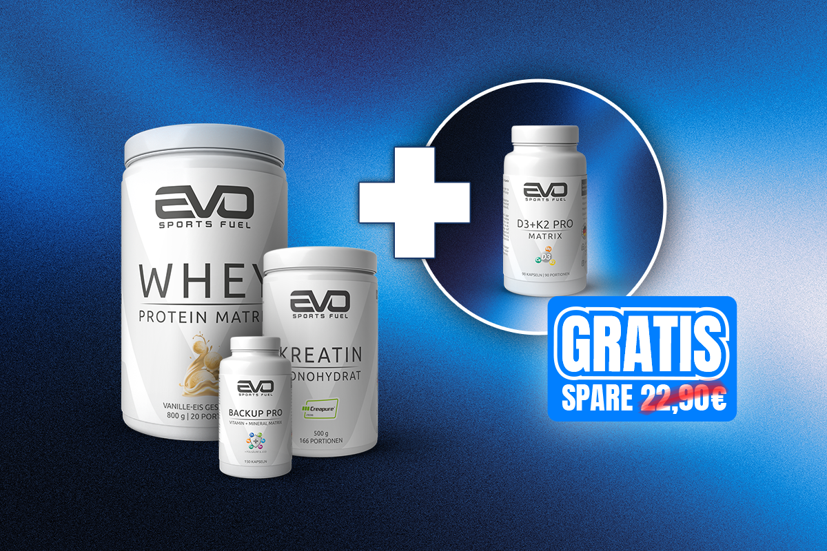 EVO SPORTS FUEL Bundle mit Whey Pro, Kreatin Monohydrat und BACKUP PRO Multivitamin – inklusive gratis Vitamin D3+K2 PRO Matrix im Wert von 22,90 €.