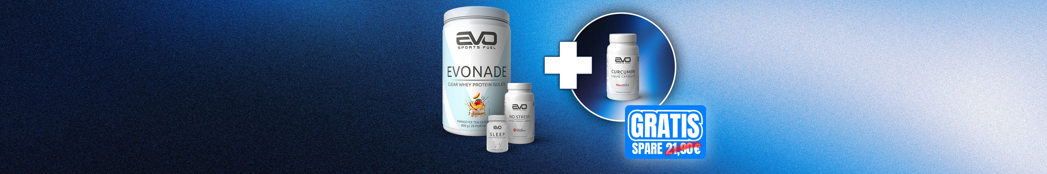 EVO SPORTS FUEL Bundle mit EVONADE Clear Whey Mango Ice Tea, NO STRESS und SLEEP – inklusive gratis Curcumin Liquid Capsules im Wert von 21,90 €.
