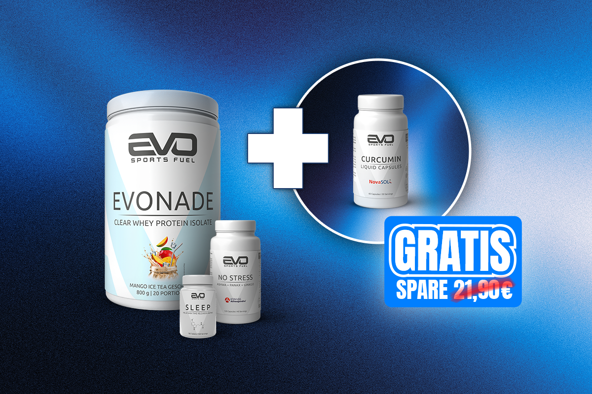 EVO SPORTS FUEL Bundle mit EVONADE Clear Whey Mango Ice Tea, NO STRESS und SLEEP – inklusive gratis Curcumin Liquid Capsules im Wert von 21,90 €.