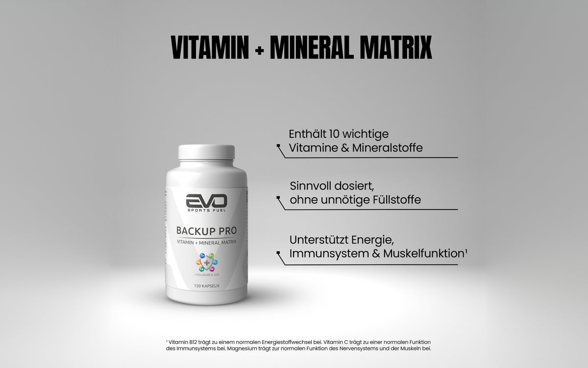 EVO SPORTS FUEL BACKUP PRO Kapseln – unterstützen Immunsystem, Energie, Muskeln, Nerven, Haut und Haare. Hochwertiges Multivitamin mit Magnesium, B6, B12 und Vitamin C.