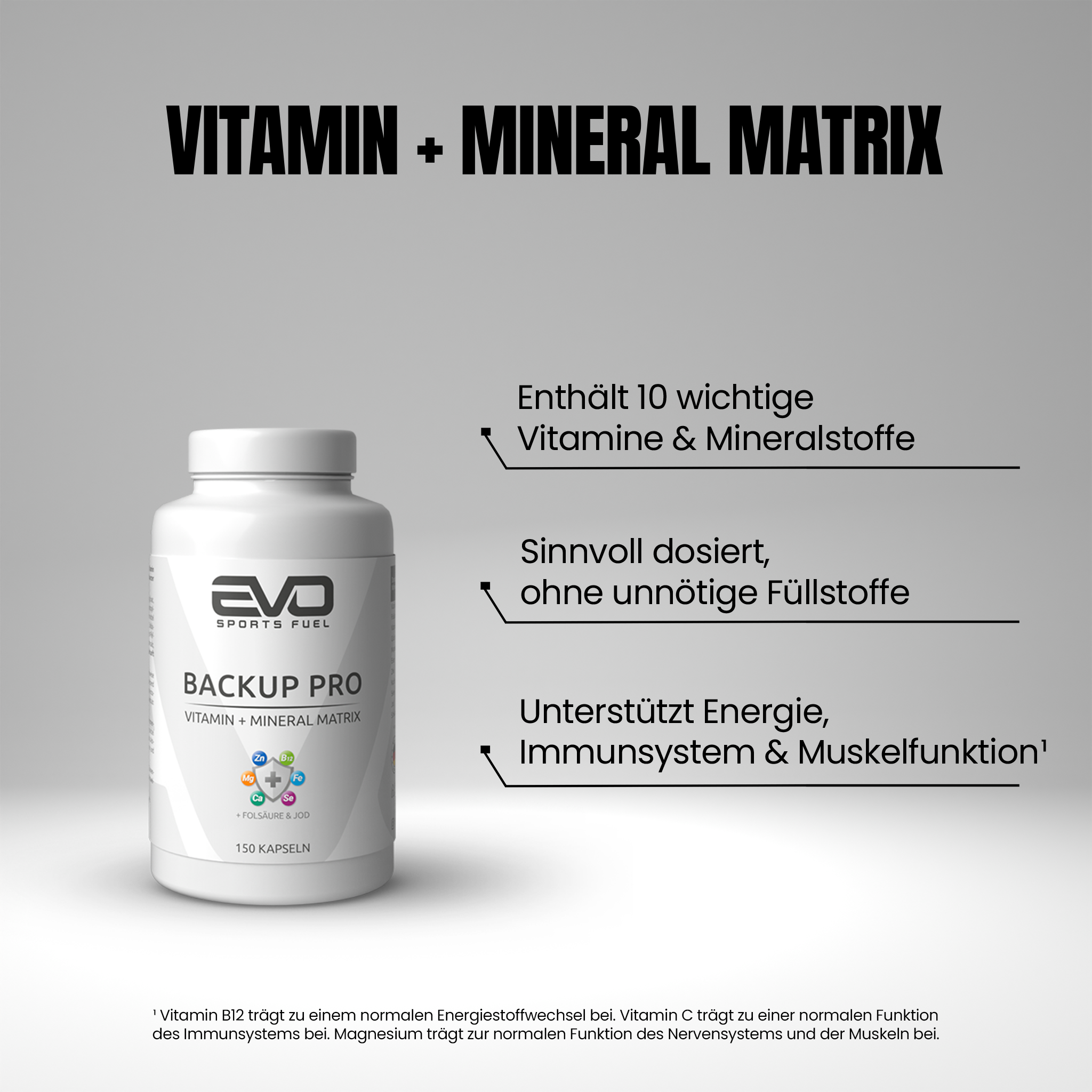 EVO SPORTS FUEL BACKUP PRO Kapseln – unterstützen Immunsystem, Energie, Muskeln, Nerven, Haut und Haare. Hochwertiges Multivitamin mit Magnesium, B6, B12 und Vitamin C.