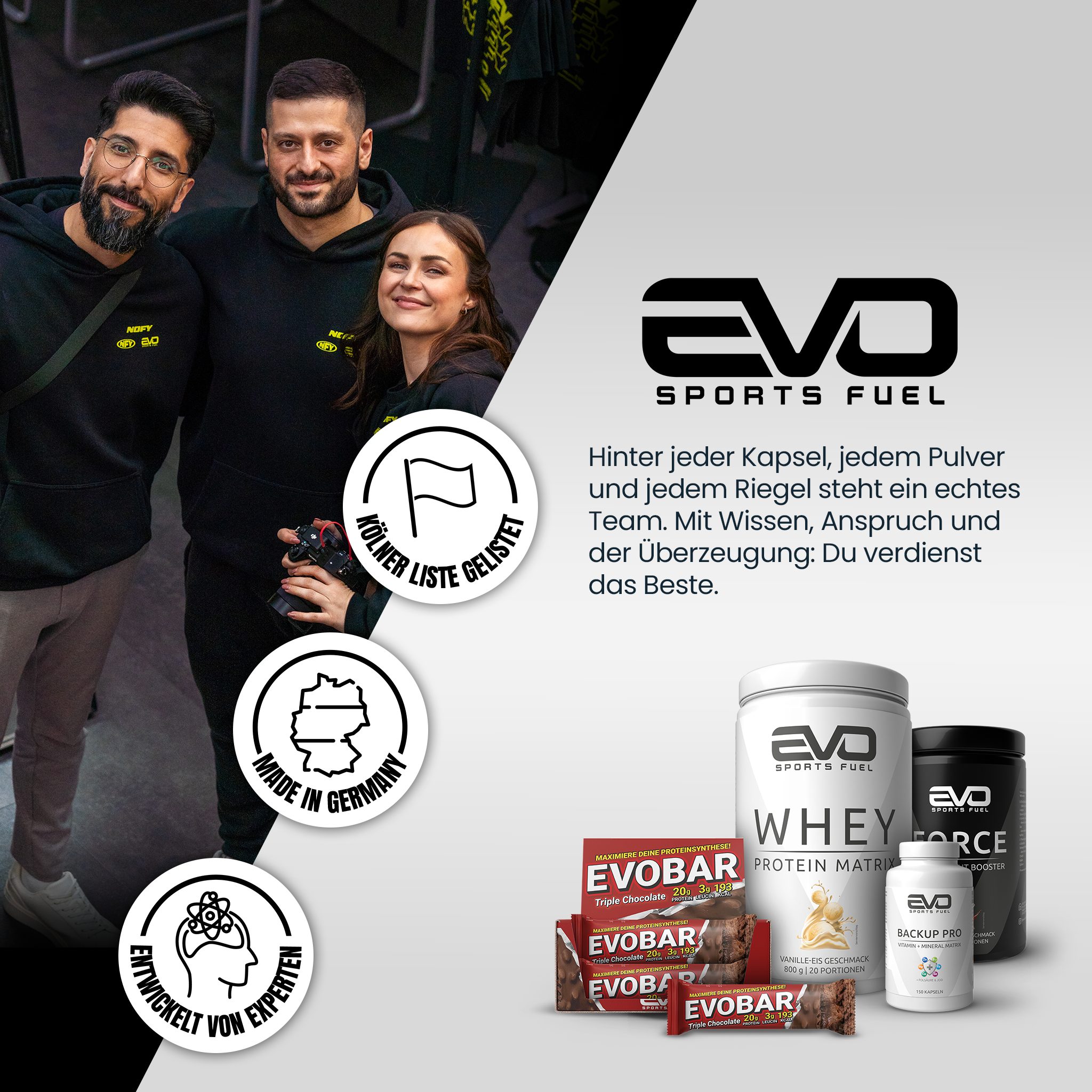 EVO SPORTS FUEL Team – entwickelt von Experten, Made in Germany, auf der Kölner Liste gelistet. Vertrauen in Qualität und Reinheit jeder Kapsel.