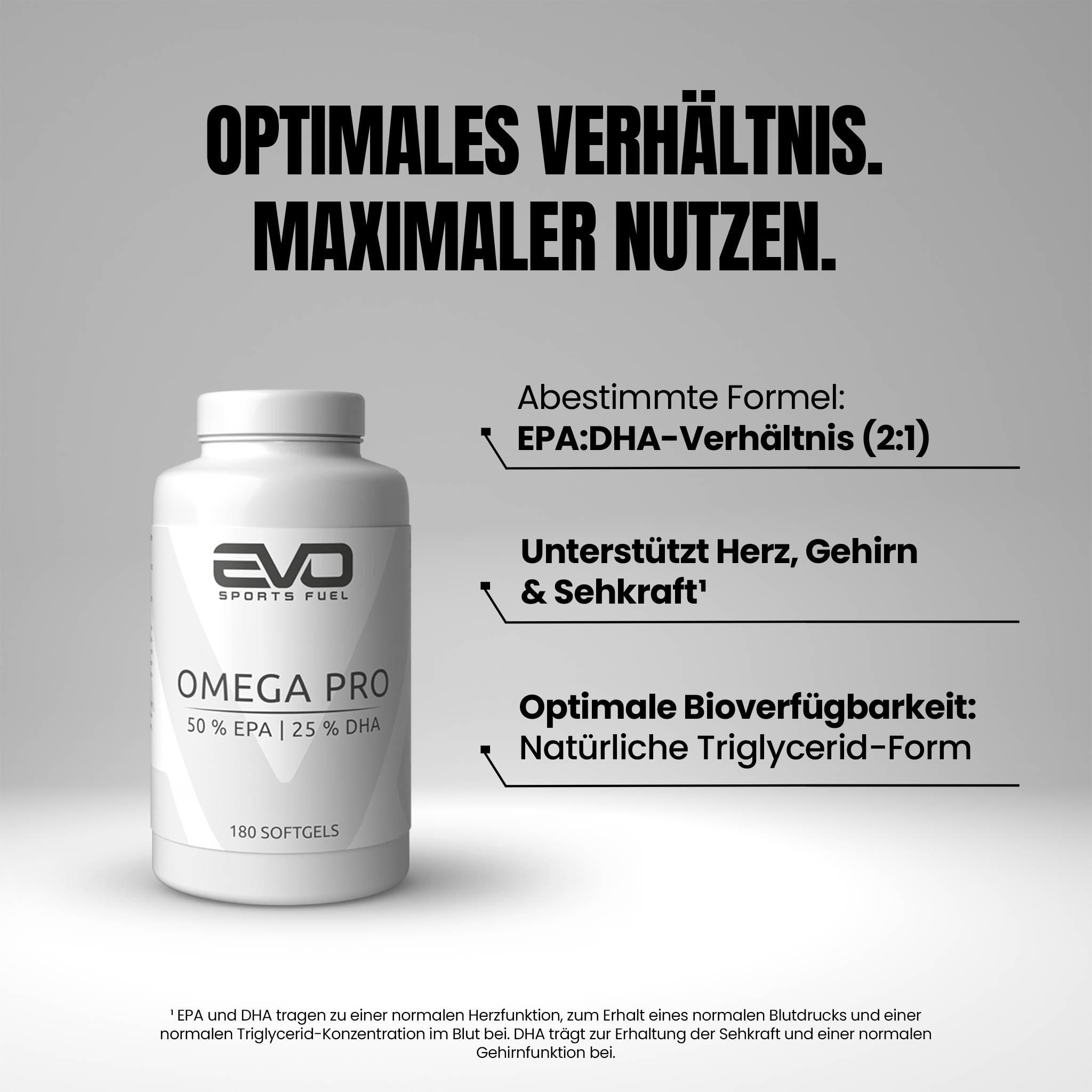 EVO SPORTS FUEL OMEGA PRO – Fischölkapseln mit optimalem EPA:DHA-Verhältnis (2:1). Unterstützt Herz, Gehirn und Sehkraft. In natürlicher Triglycerid-Form für beste Bioverfügbarkeit.