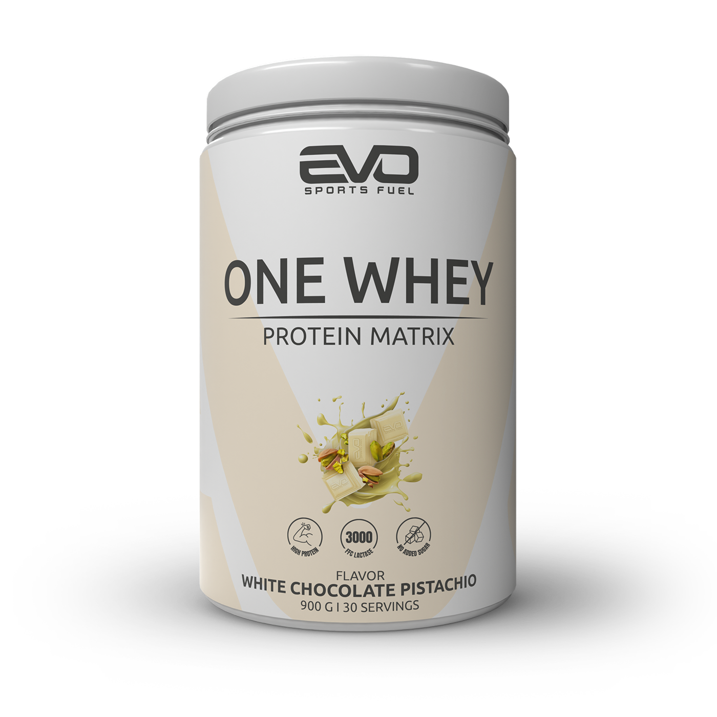 EVO SPORTS FUEL ONE WHEY White Chocolate Pistachio – Proteinshake mit weißer Schokolade und Pistazienaroma. Hochwertige Whey Protein Matrix mit Laktase für beste Verträglichkeit.
