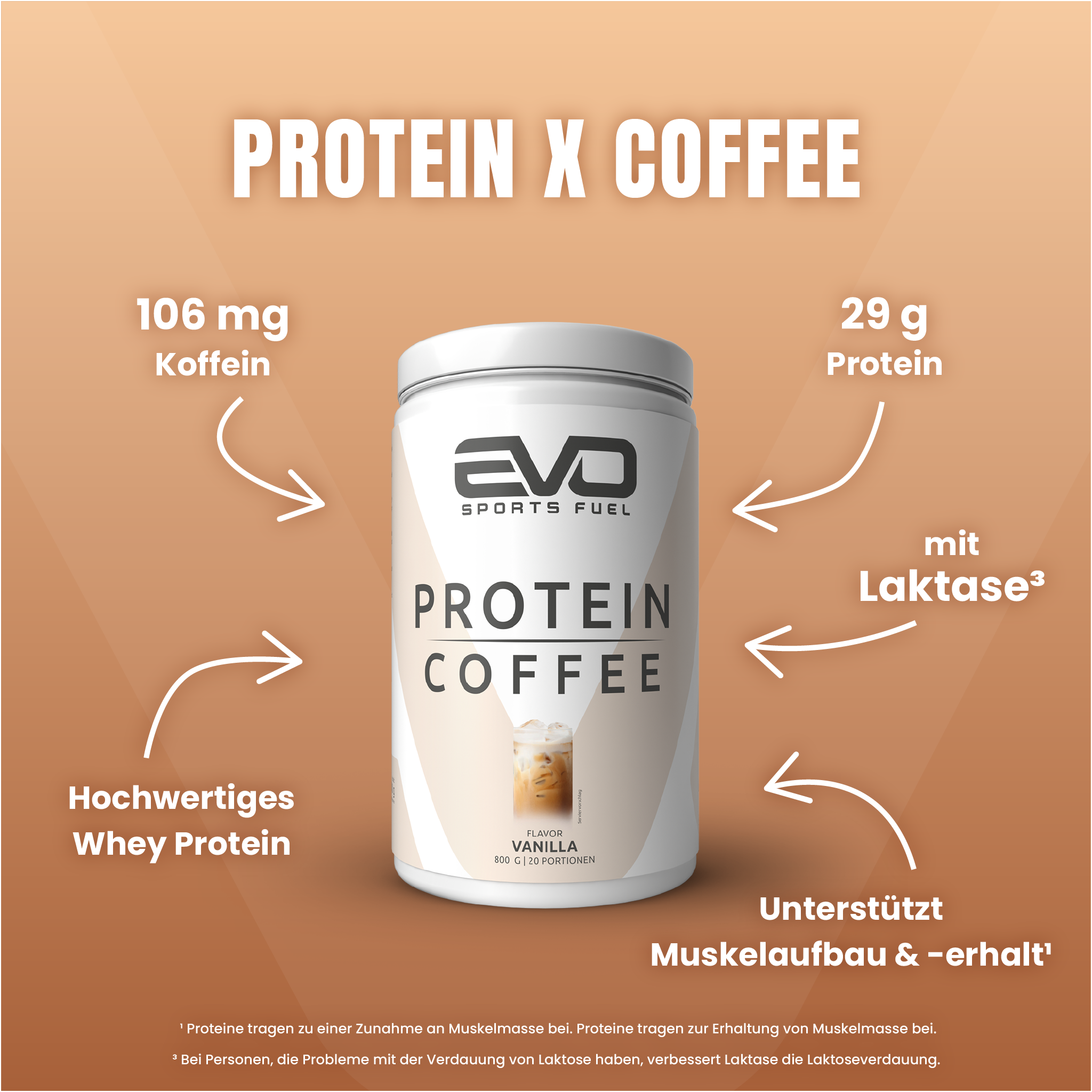 EVO Protein Coffee mit Vanilla Flavor & Salted Caramel Flavor: 29 g Proteine und 106 mg Koffein