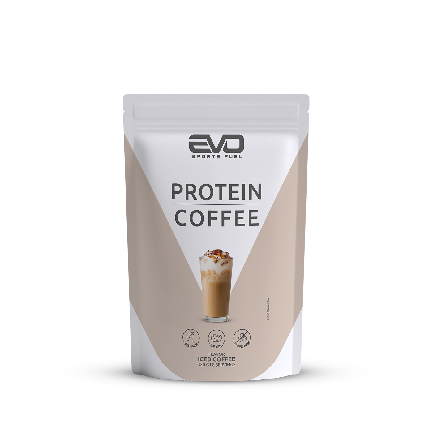 EVO Protein Coffee Produktabbildung mit Iced Coffee im Glas und Verpackung, erfrischender Protein-Kaffee mit Whey und Laktase – ideal für Energie, Fokus und Genuss.